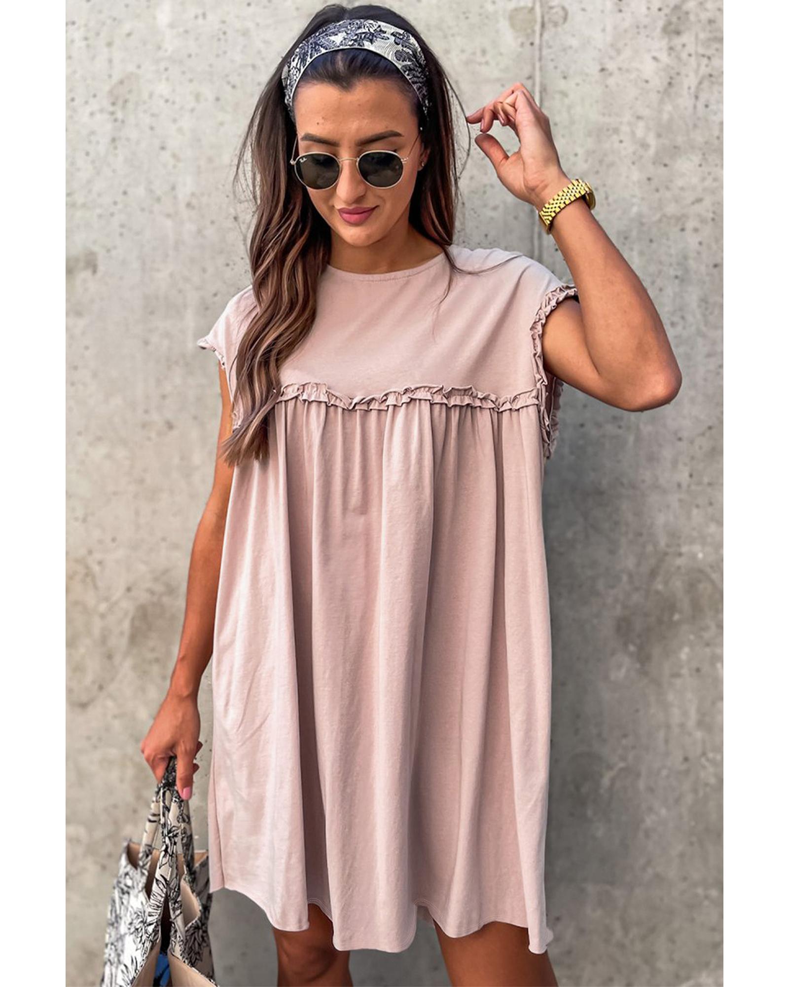 Oatmeal Frilled Trim Crew Neck Loose Fit Mini Dress - XL