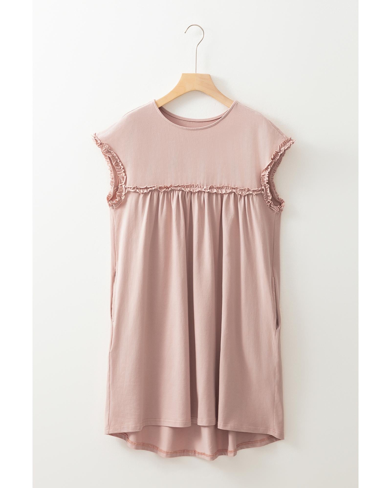 Oatmeal Frilled Trim Crew Neck Loose Fit Mini Dress - XL