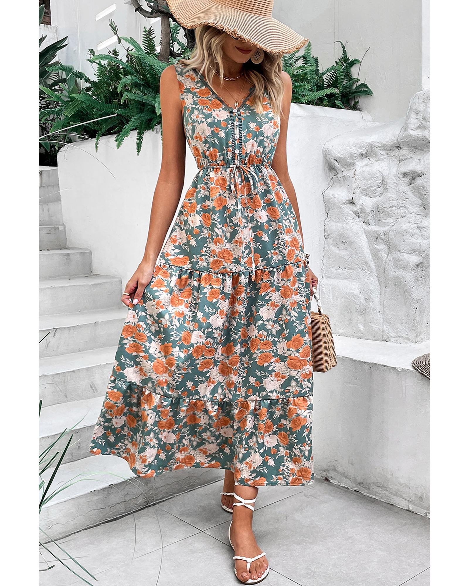 Green Floral Print Trimmed V Neck Tie Waist Sleeveless Holiday Long Dress - S