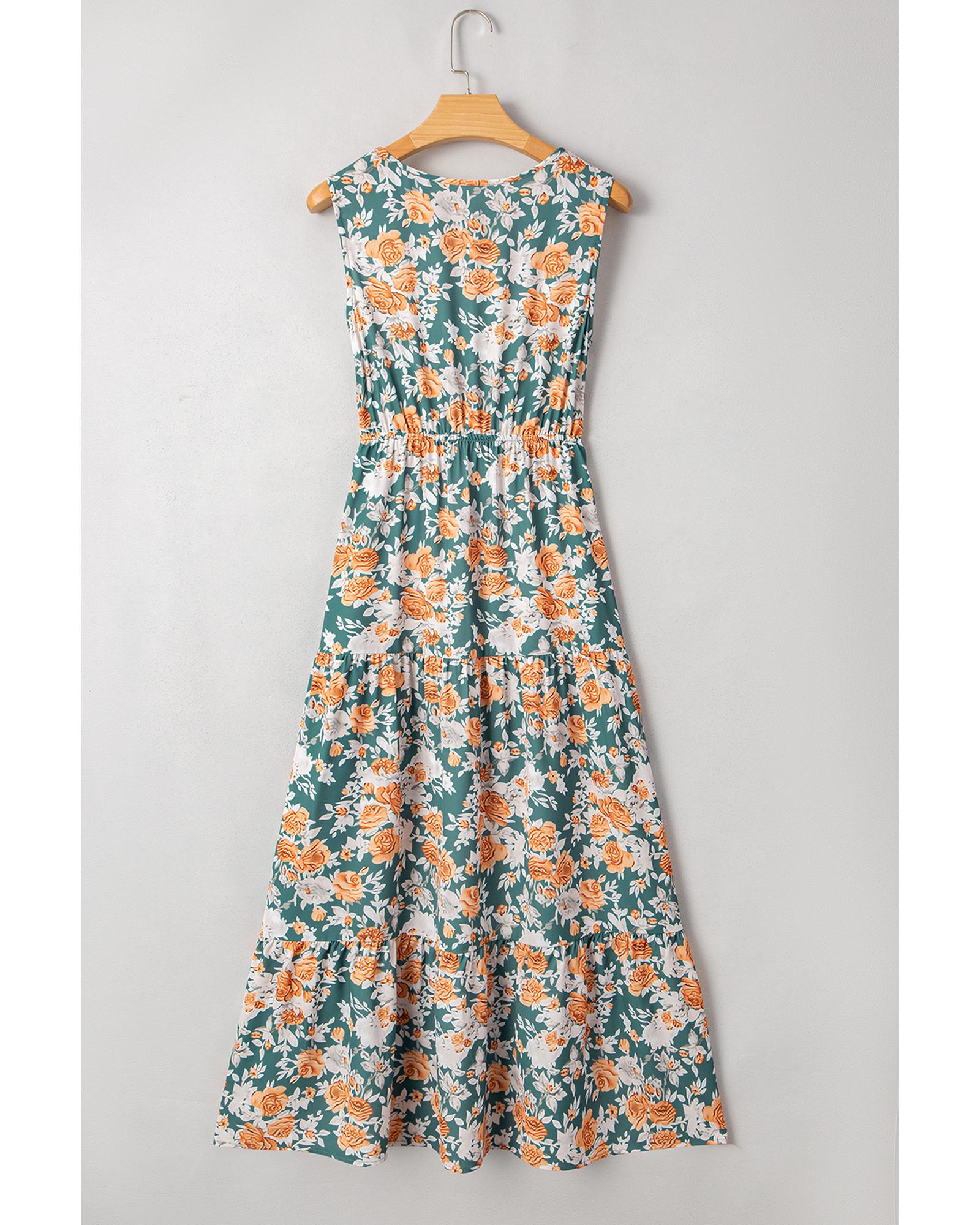 Green Floral Print Trimmed V Neck Tie Waist Sleeveless Holiday Long Dress - S