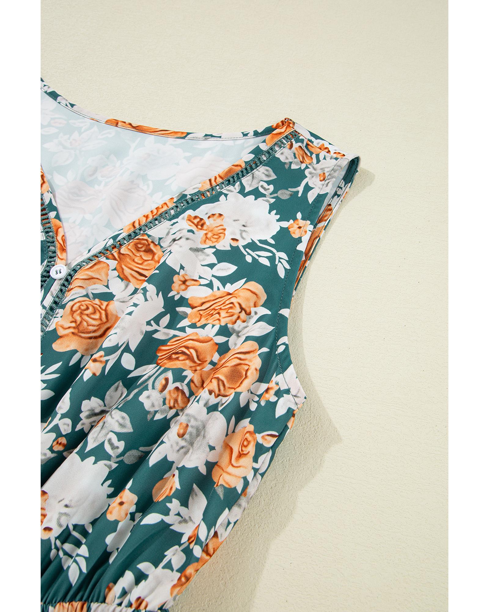 Green Floral Print Trimmed V Neck Tie Waist Sleeveless Holiday Long Dress - S