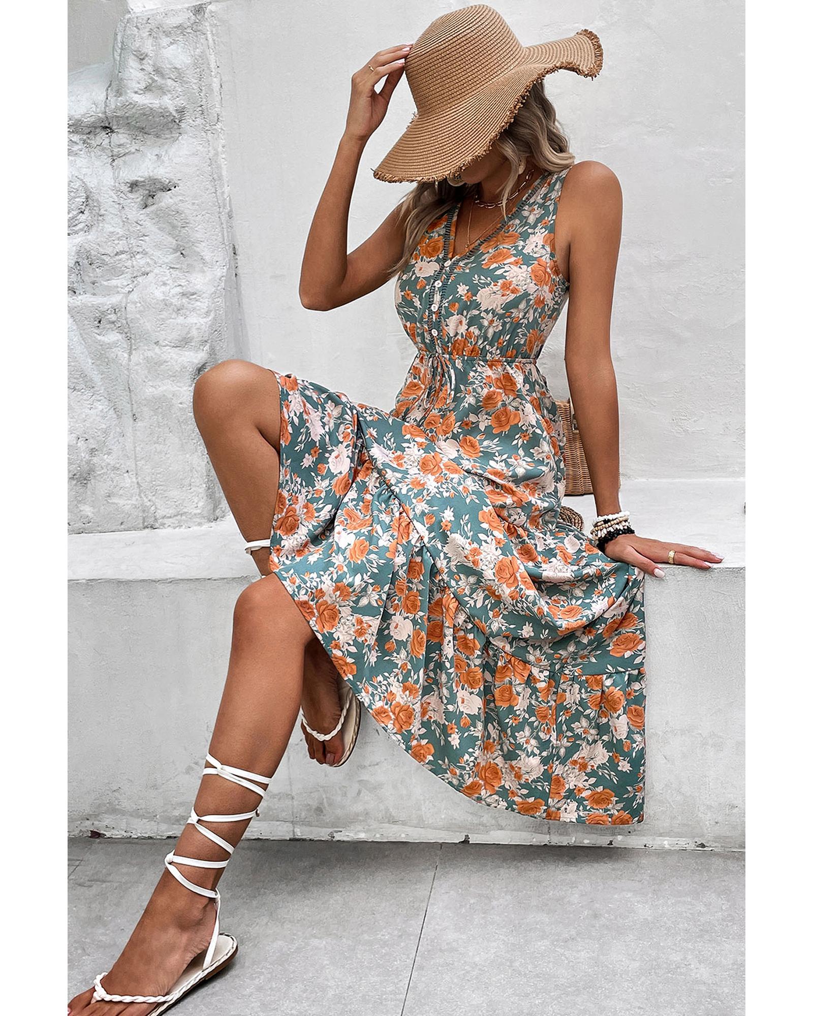 Green Floral Print Trimmed V Neck Tie Waist Sleeveless Holiday Long Dress - XL