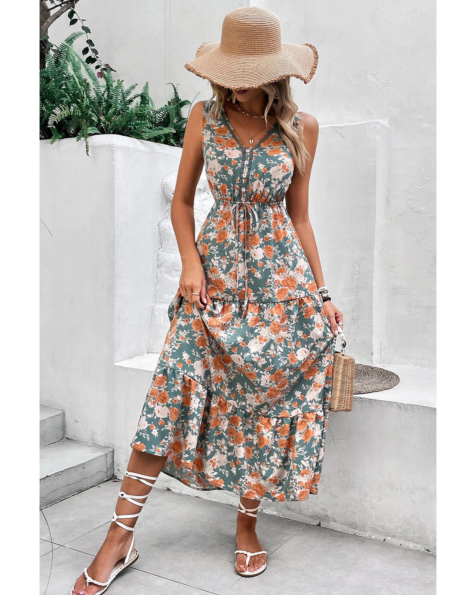 Green Floral Print Trimmed V Neck Tie Waist Sleeveless Holiday Long Dress - XL