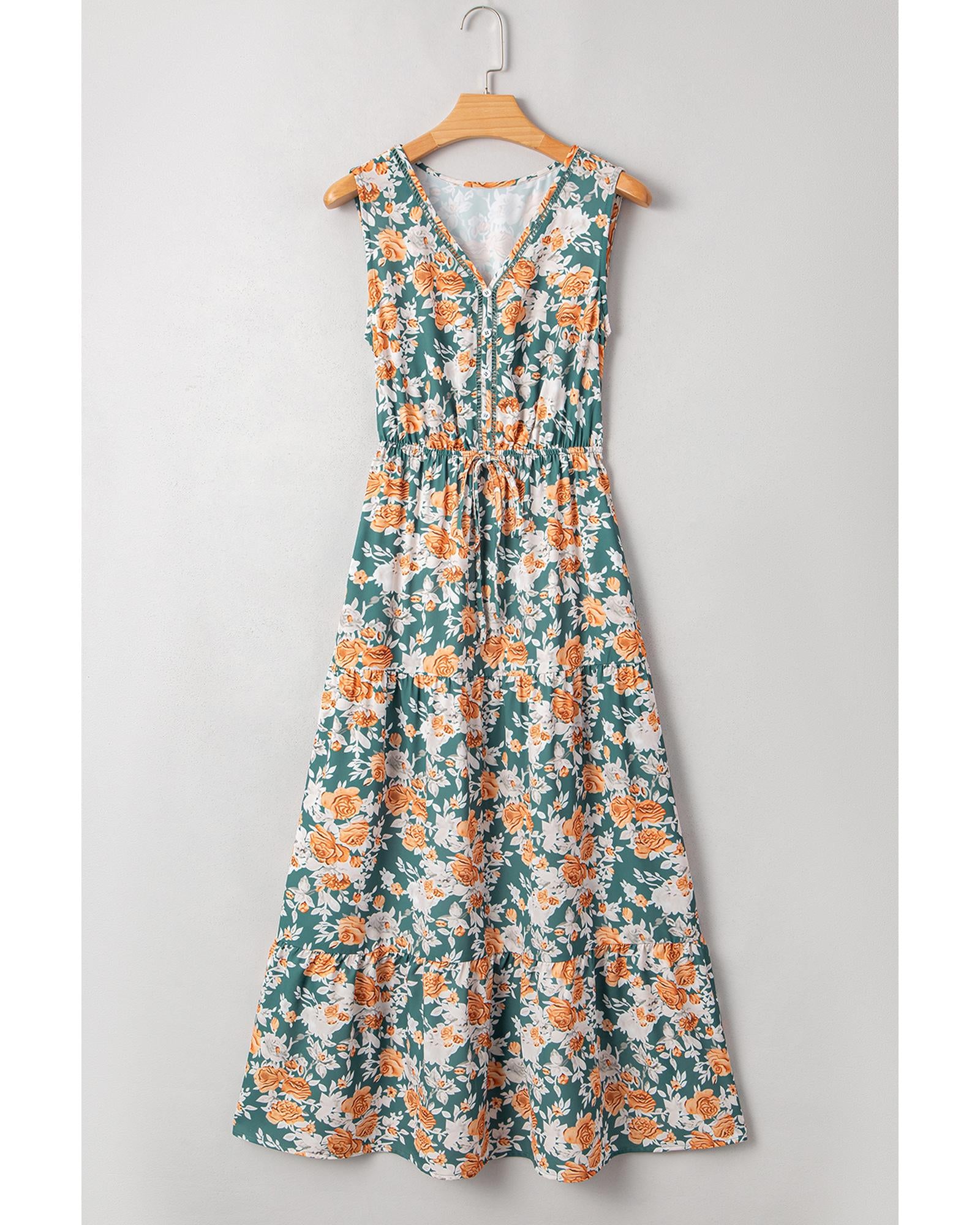 Green Floral Print Trimmed V Neck Tie Waist Sleeveless Holiday Long Dress - XL