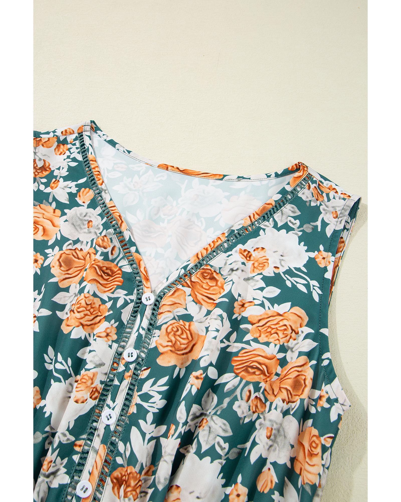 Green Floral Print Trimmed V Neck Tie Waist Sleeveless Holiday Long Dress - XL