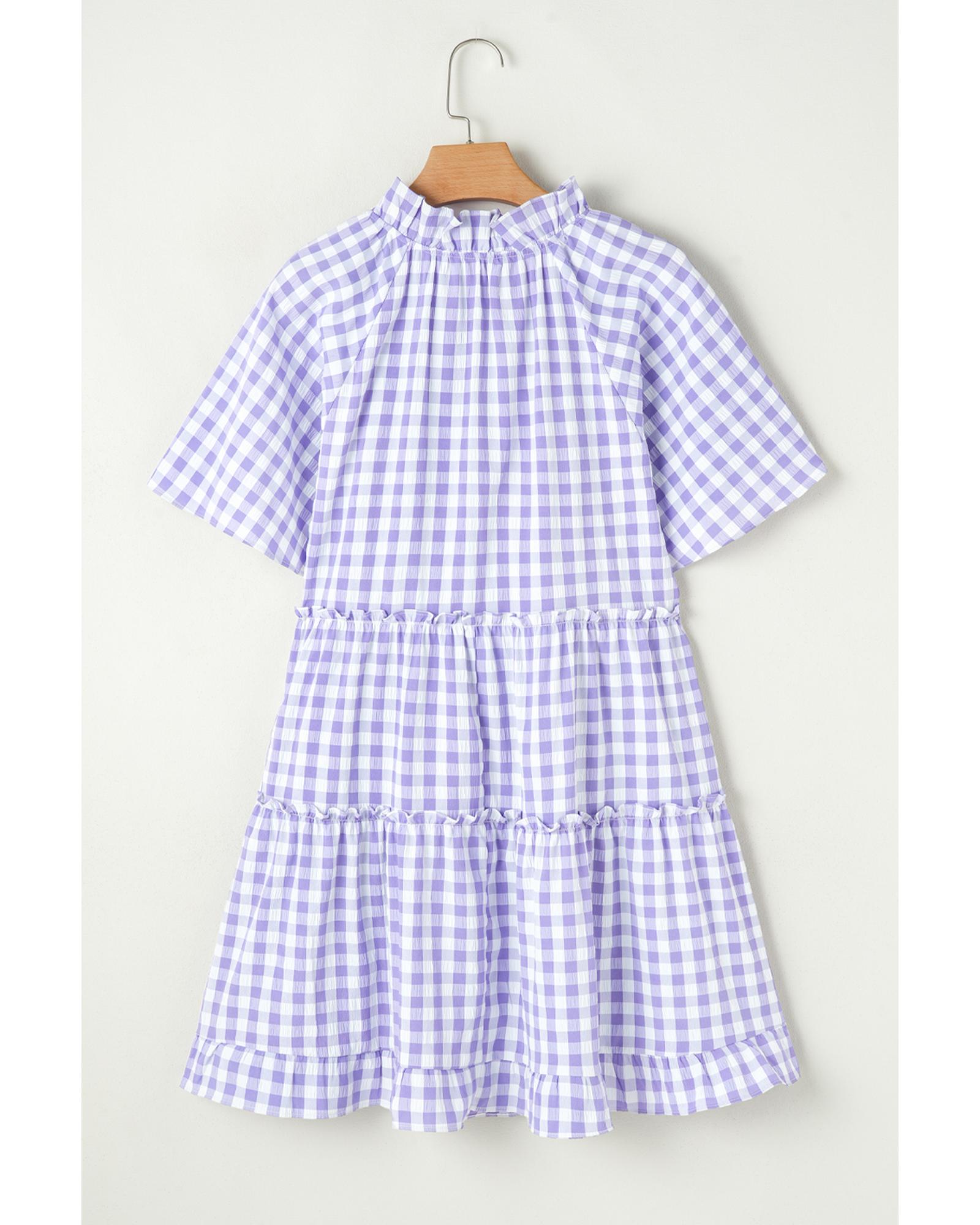 Lavendula Plaid Ruffle Wide Short Sleeve Babydoll Mini Dress - L