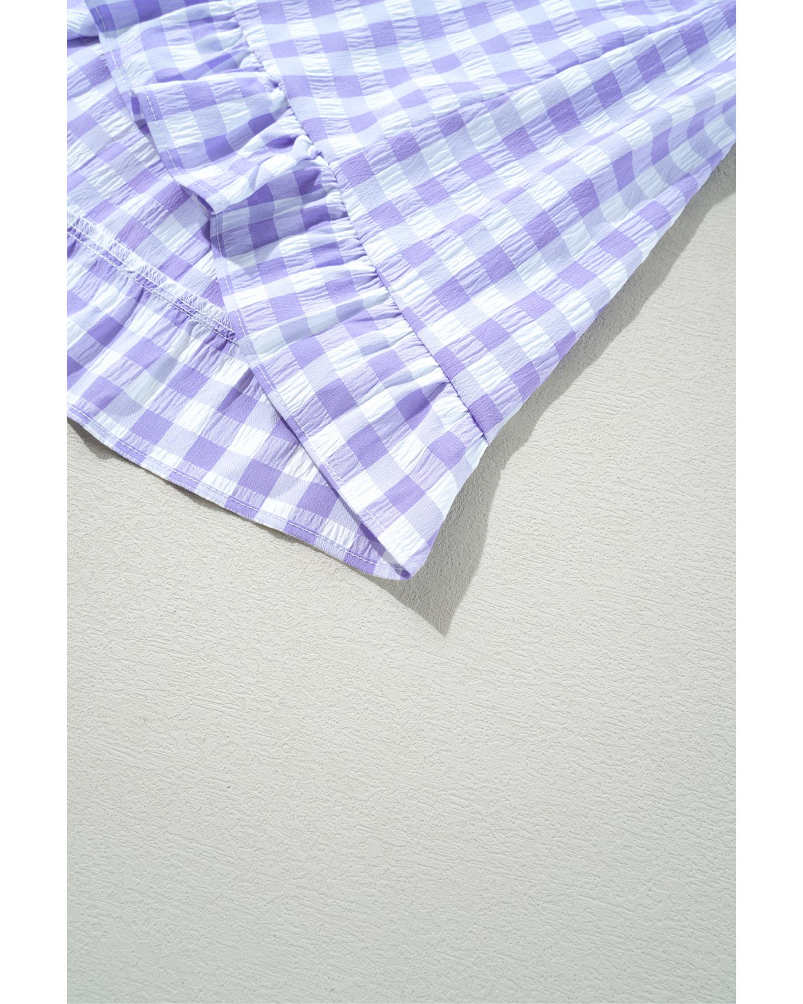 Lavendula Plaid Ruffle Wide Short Sleeve Babydoll Mini Dress - L