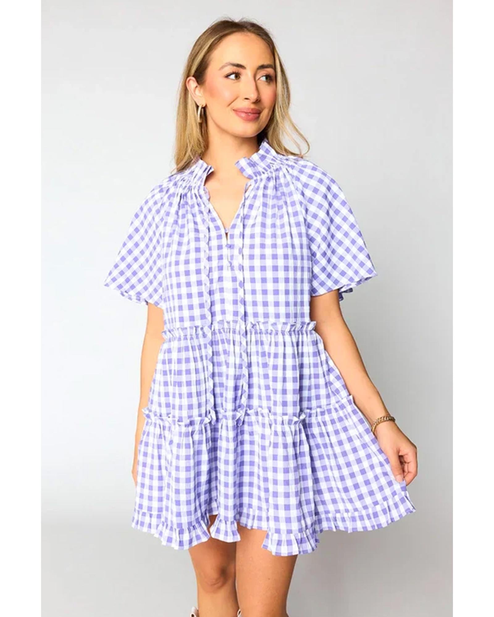 Lavendula Plaid Ruffle Wide Short Sleeve Babydoll Mini Dress - M