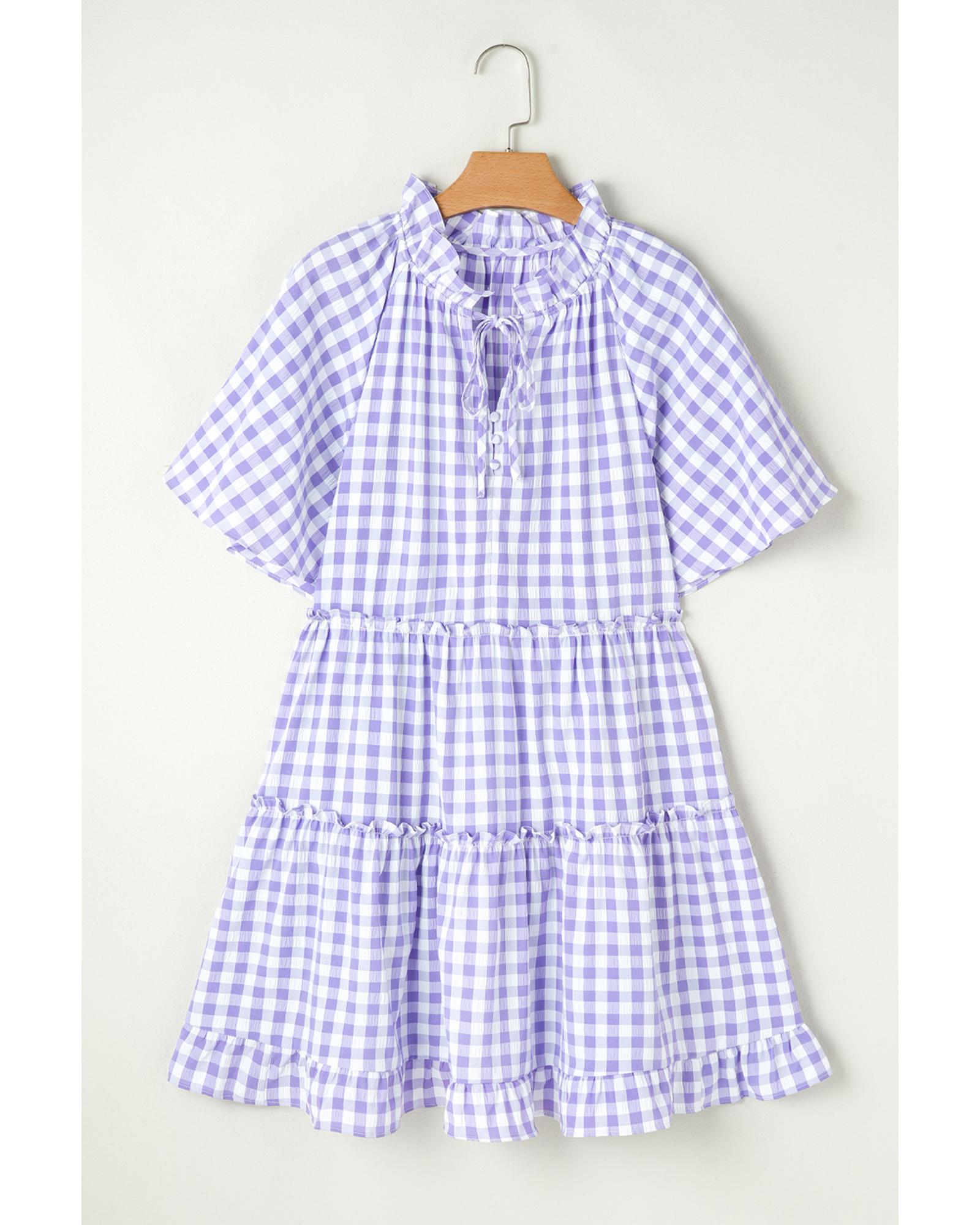 Lavendula Plaid Ruffle Wide Short Sleeve Babydoll Mini Dress - M