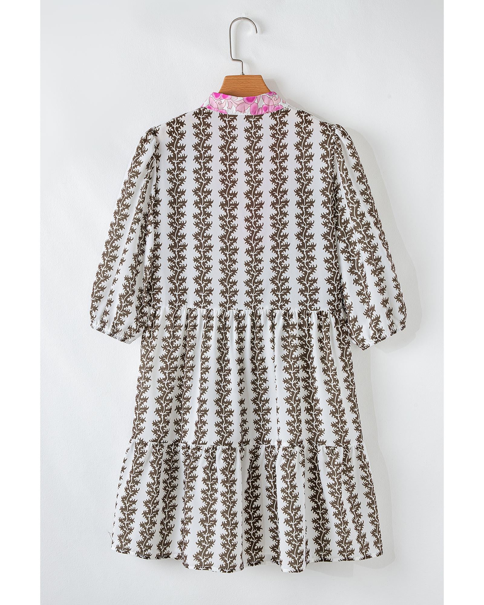 Black Contrast Floral V Neck Printed Bracelet Sleeve Dress - S