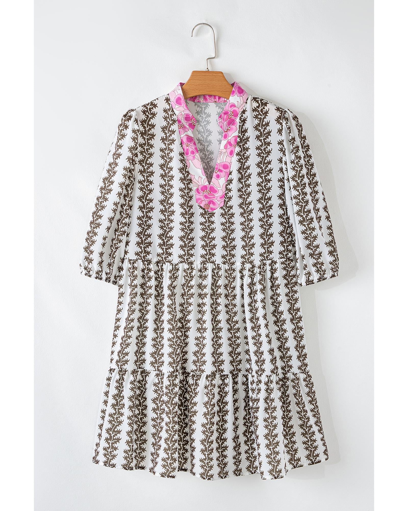 Black Contrast Floral V Neck Printed Bracelet Sleeve Dress - XL