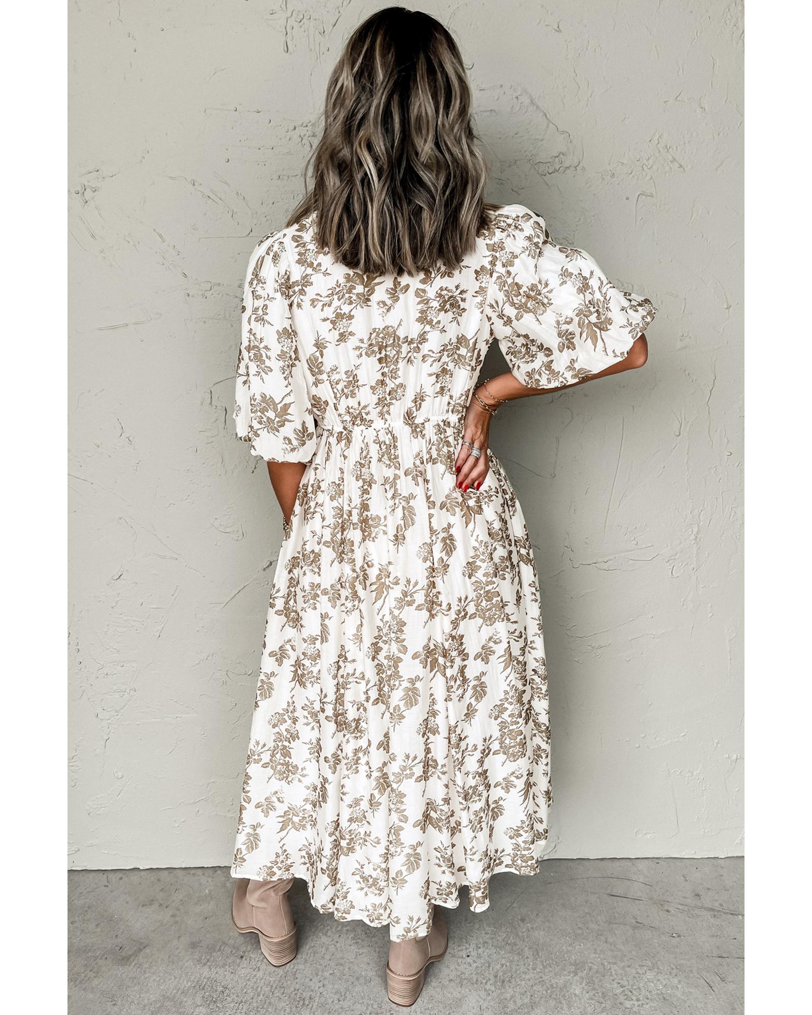 Khaki Floral Puff Sleeve V Neck Buttoned Front Maxi Dress - L