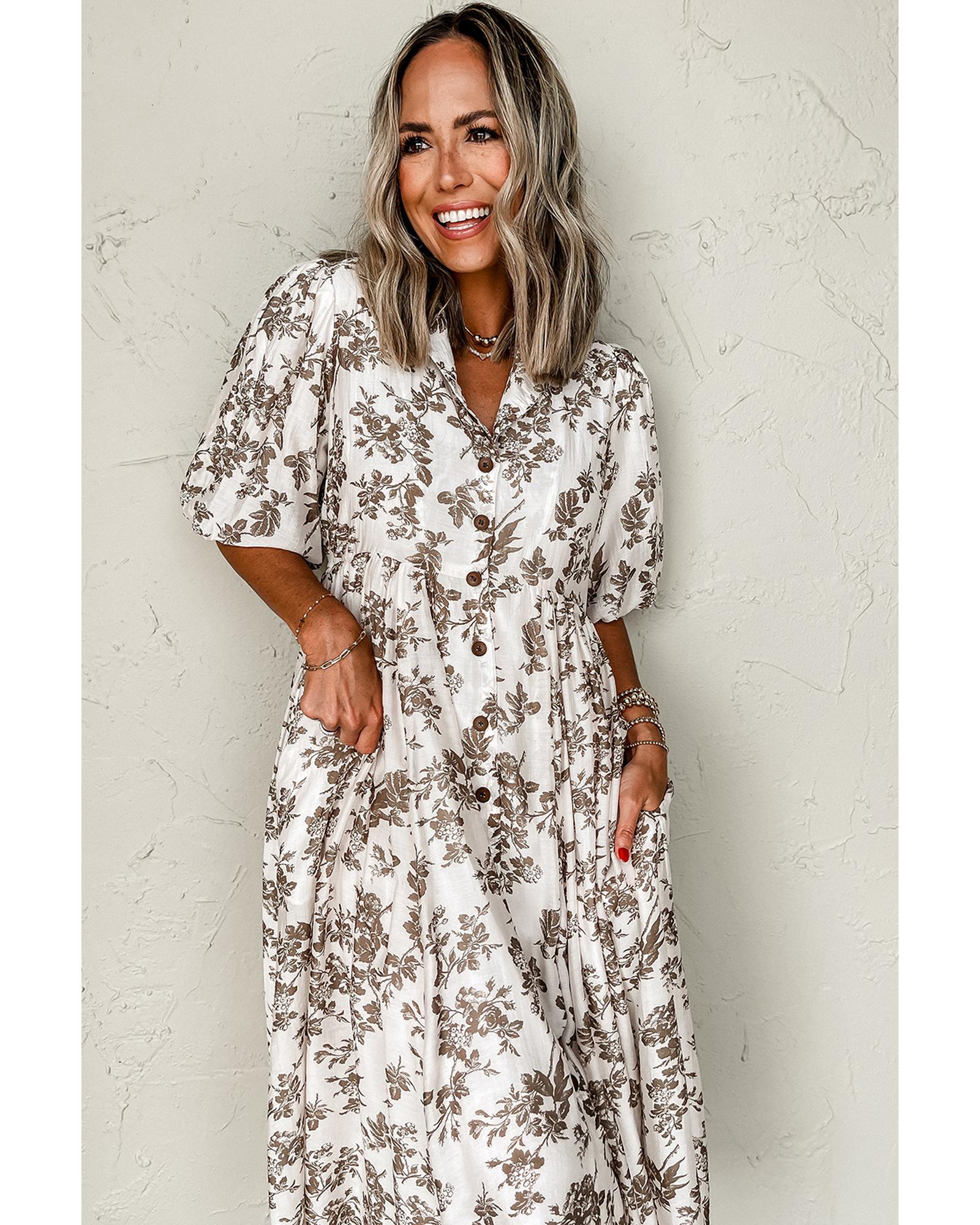 Khaki Floral Puff Sleeve V Neck Buttoned Front Maxi Dress - L
