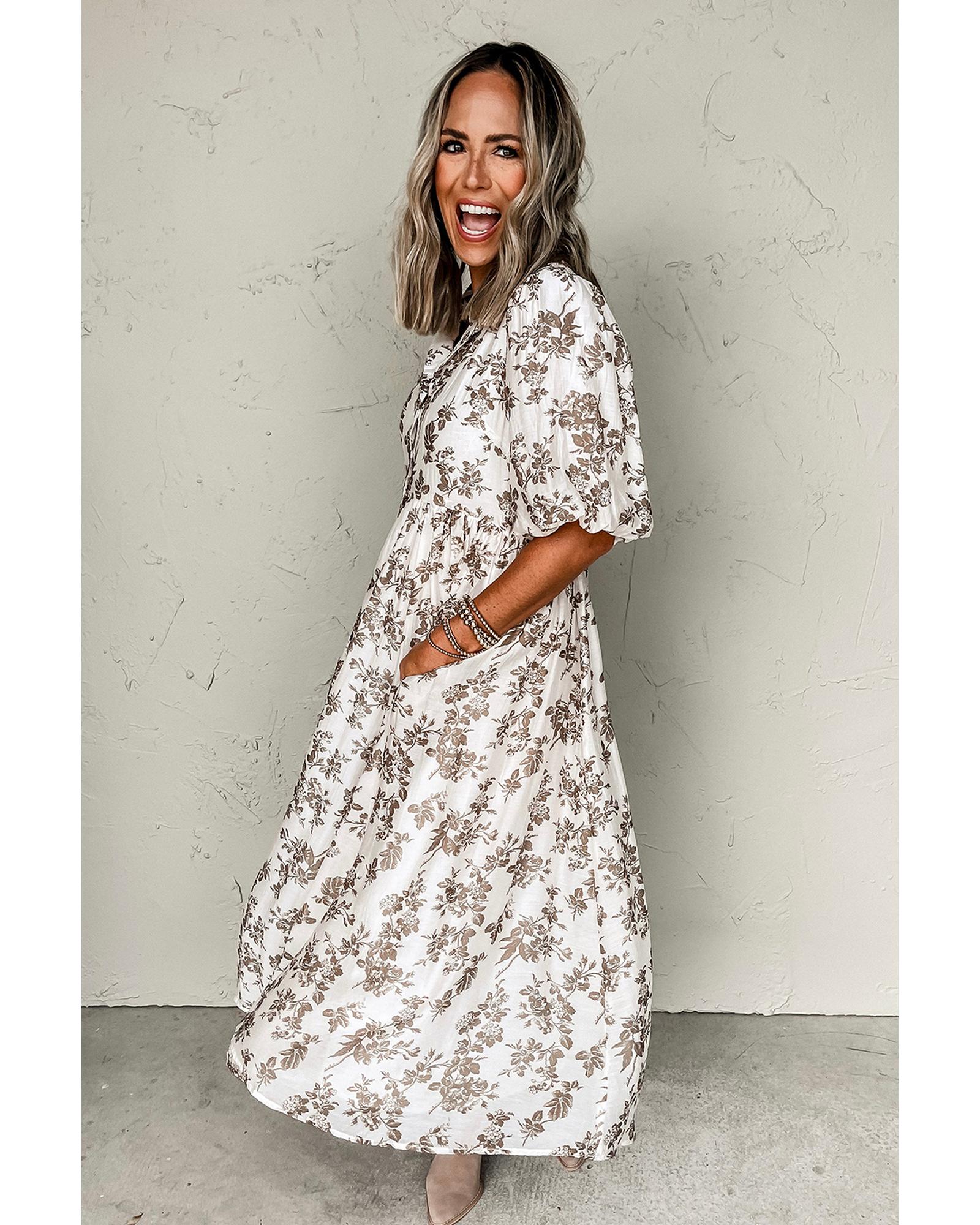 Khaki Floral Puff Sleeve V Neck Buttoned Front Maxi Dress - S
