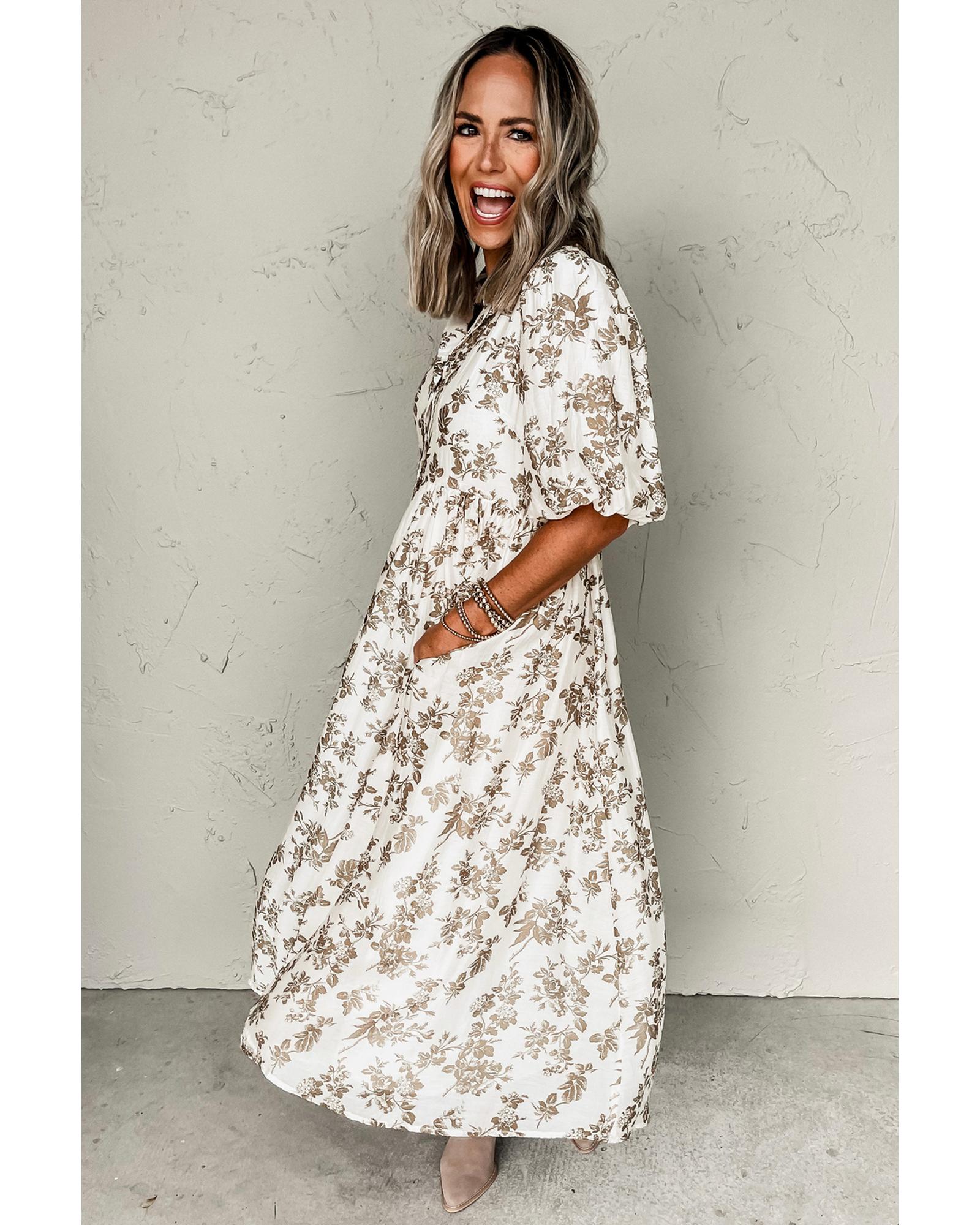 Khaki Floral Puff Sleeve V Neck Buttoned Front Maxi Dress - S