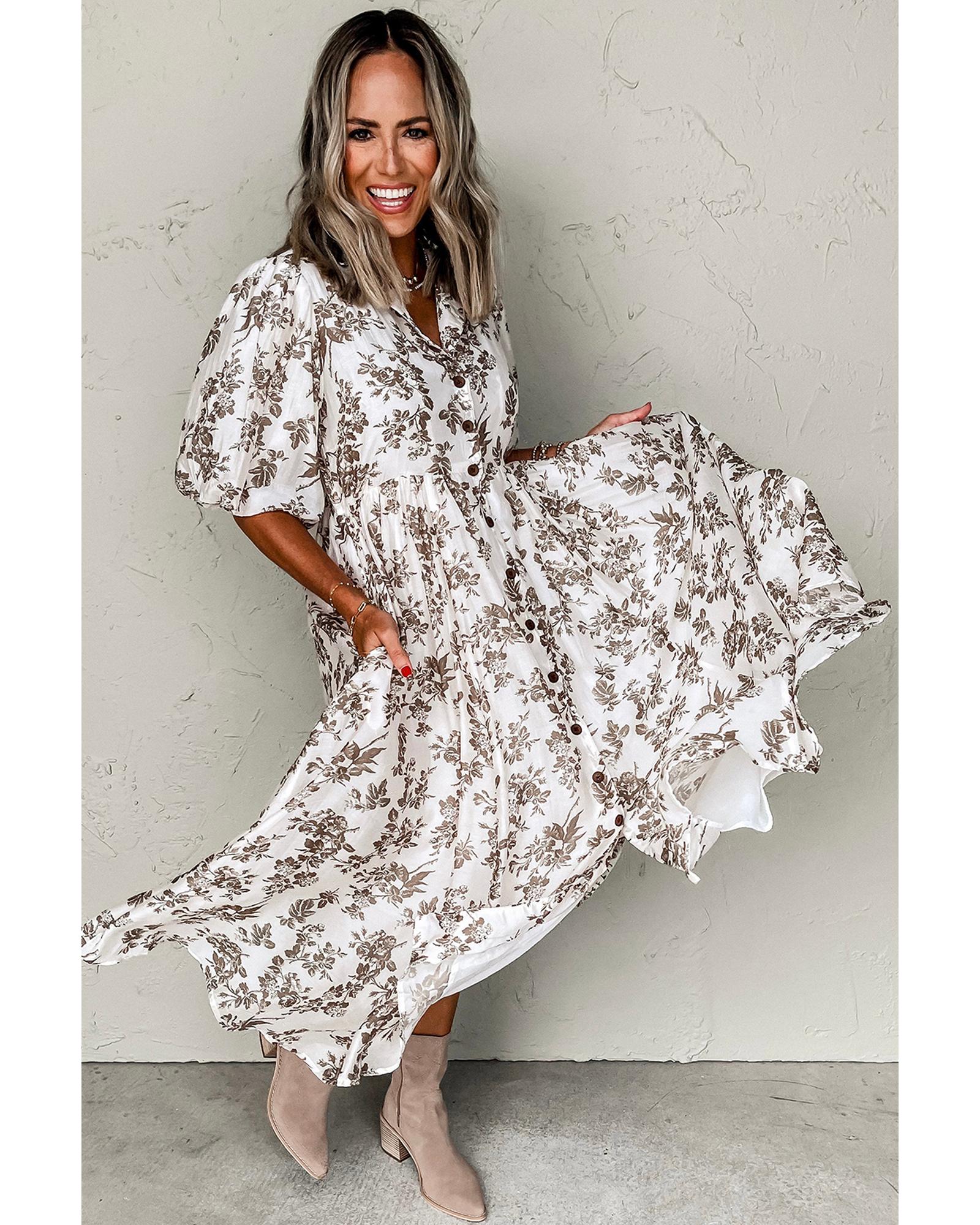 Khaki Floral Puff Sleeve V Neck Buttoned Front Maxi Dress - S
