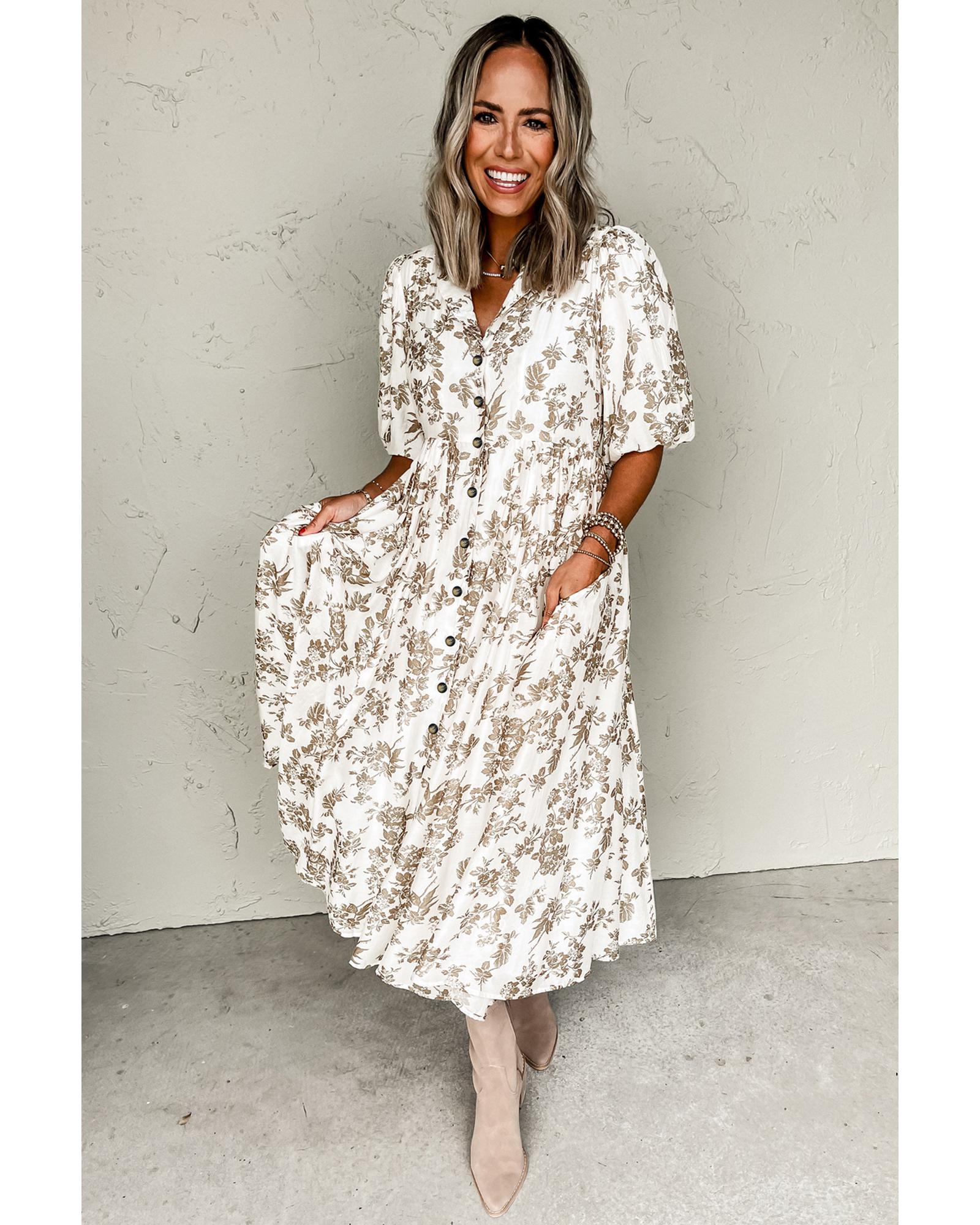 Khaki Floral Puff Sleeve V Neck Buttoned Front Maxi Dress - S