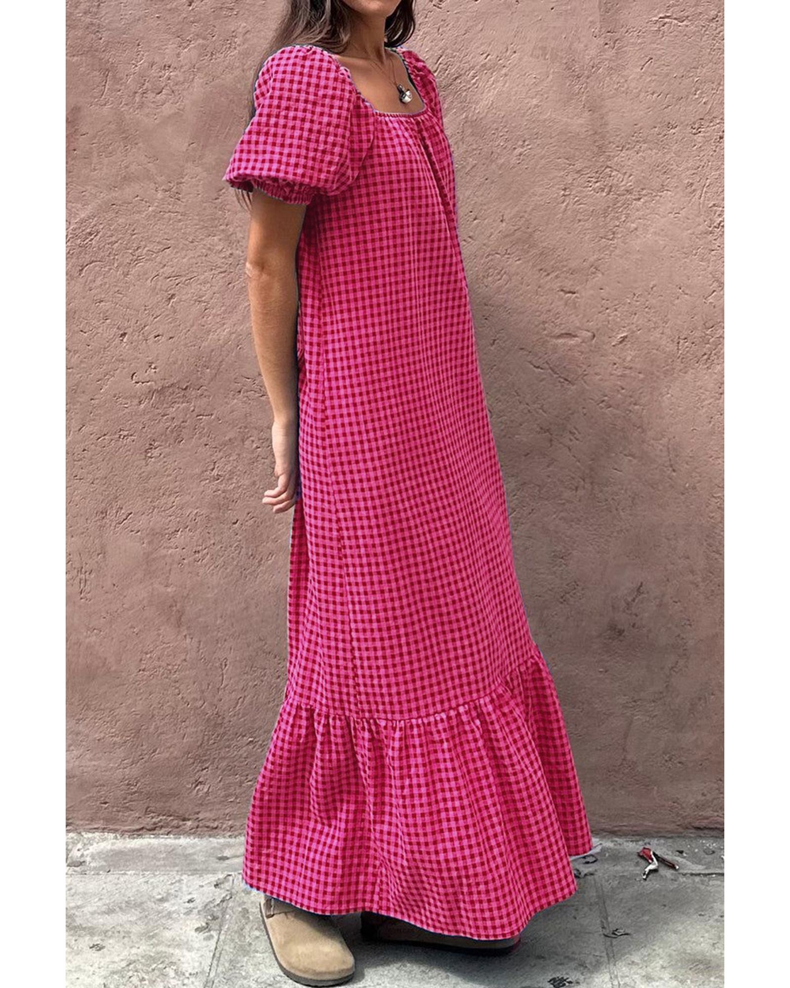 Rose Ginham Check Bubble Sleeve Ruffled Maxi Dress - L