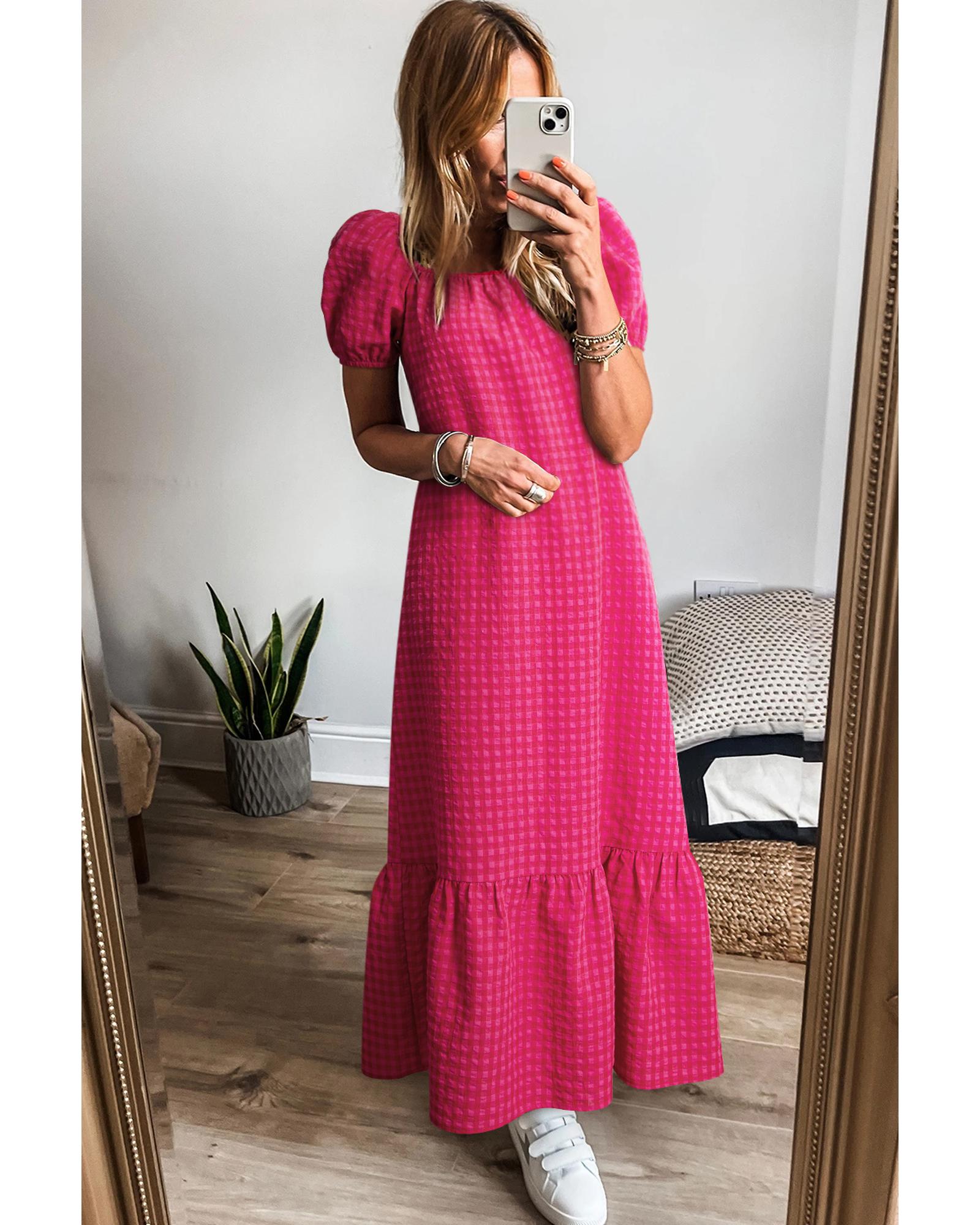 Rose Ginham Check Bubble Sleeve Ruffled Maxi Dress - L