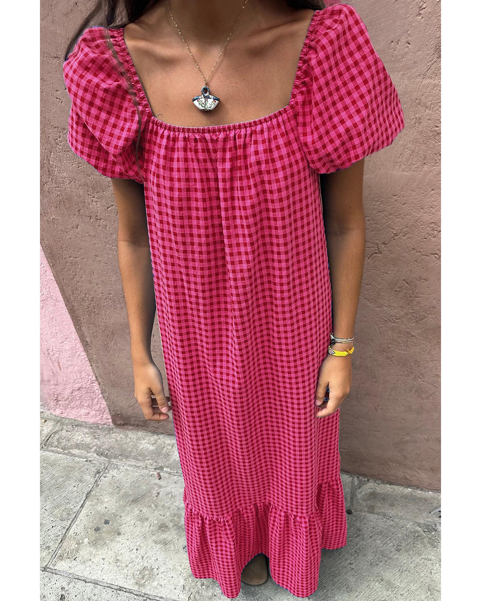 Rose Ginham Check Bubble Sleeve Ruffled Maxi Dress - L