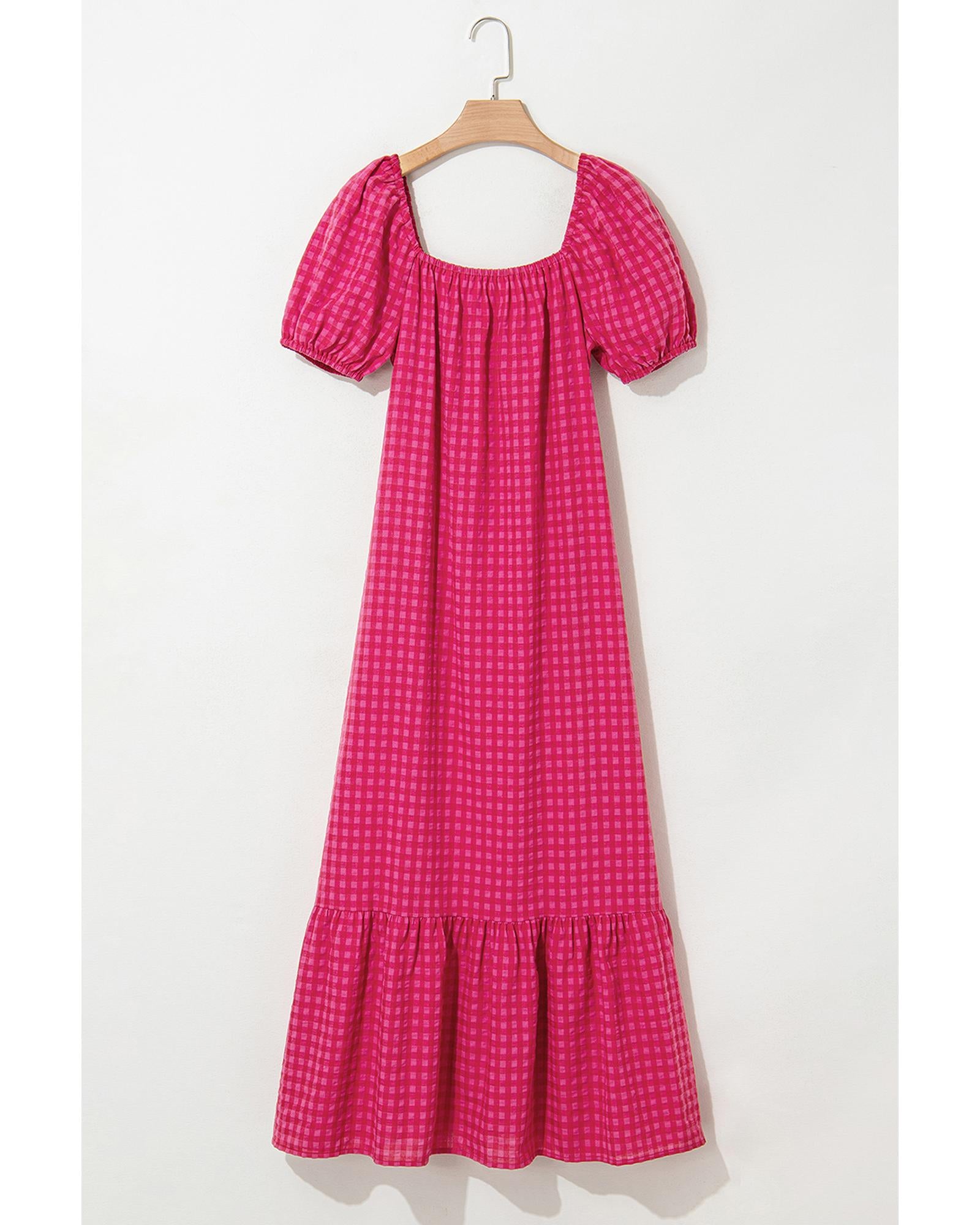 Rose Ginham Check Bubble Sleeve Ruffled Maxi Dress - L
