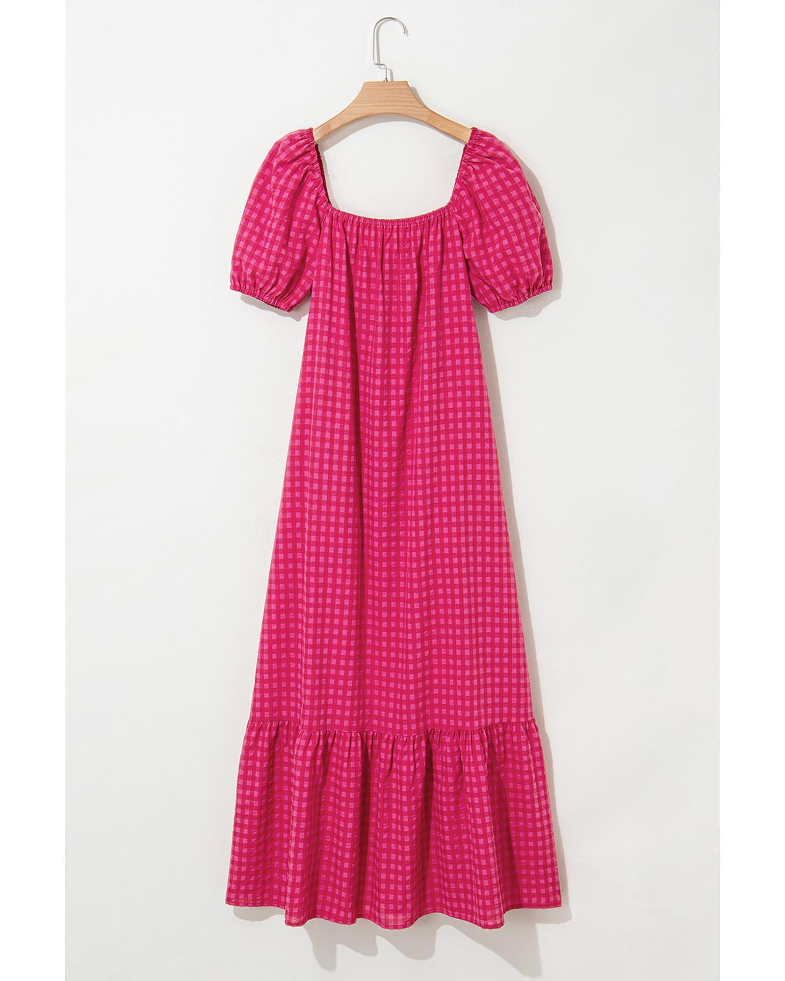 Rose Ginham Check Bubble Sleeve Ruffled Maxi Dress - XL