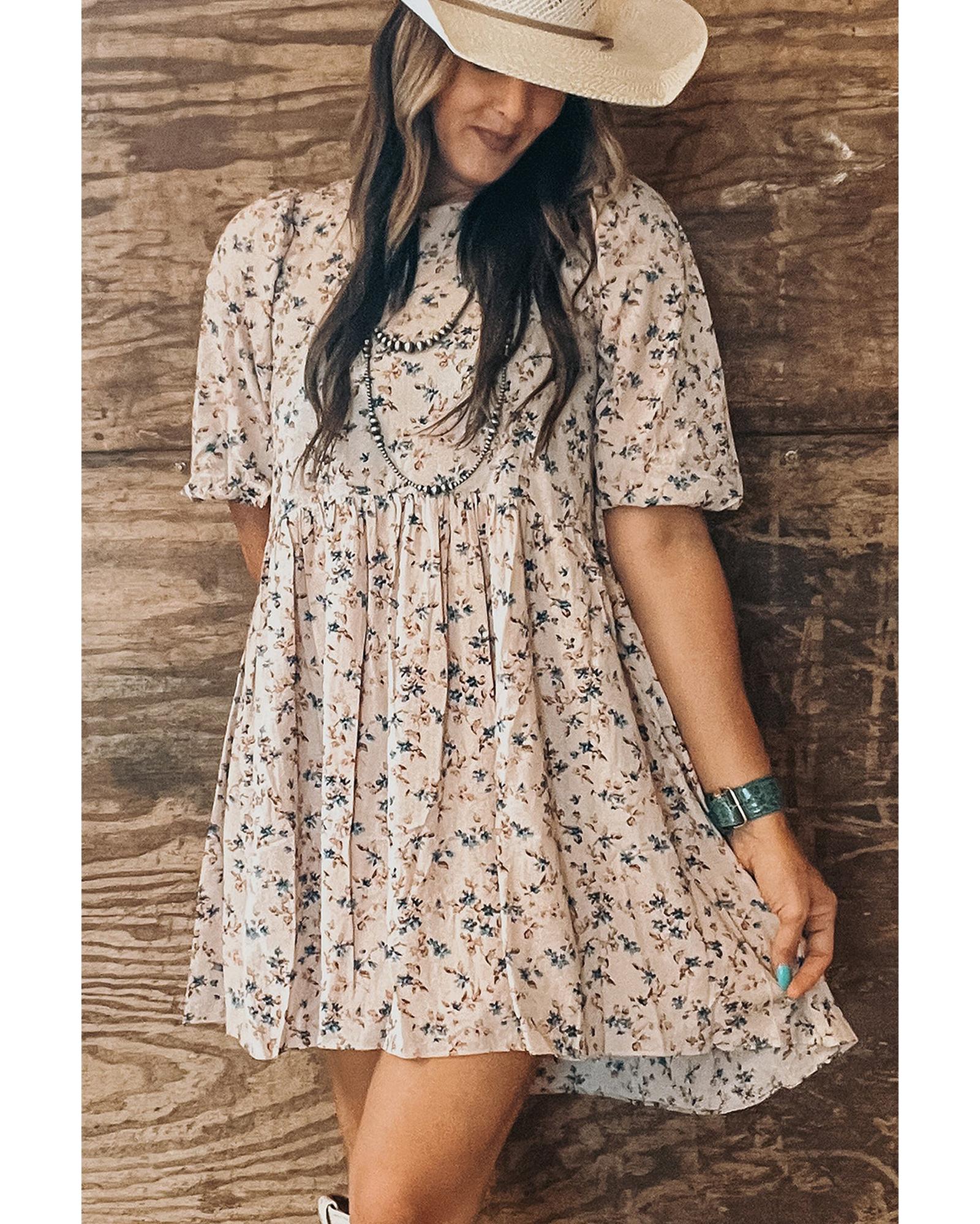 Beige Floral Puff Short Sleeve Empire Waist Mini Dress - L