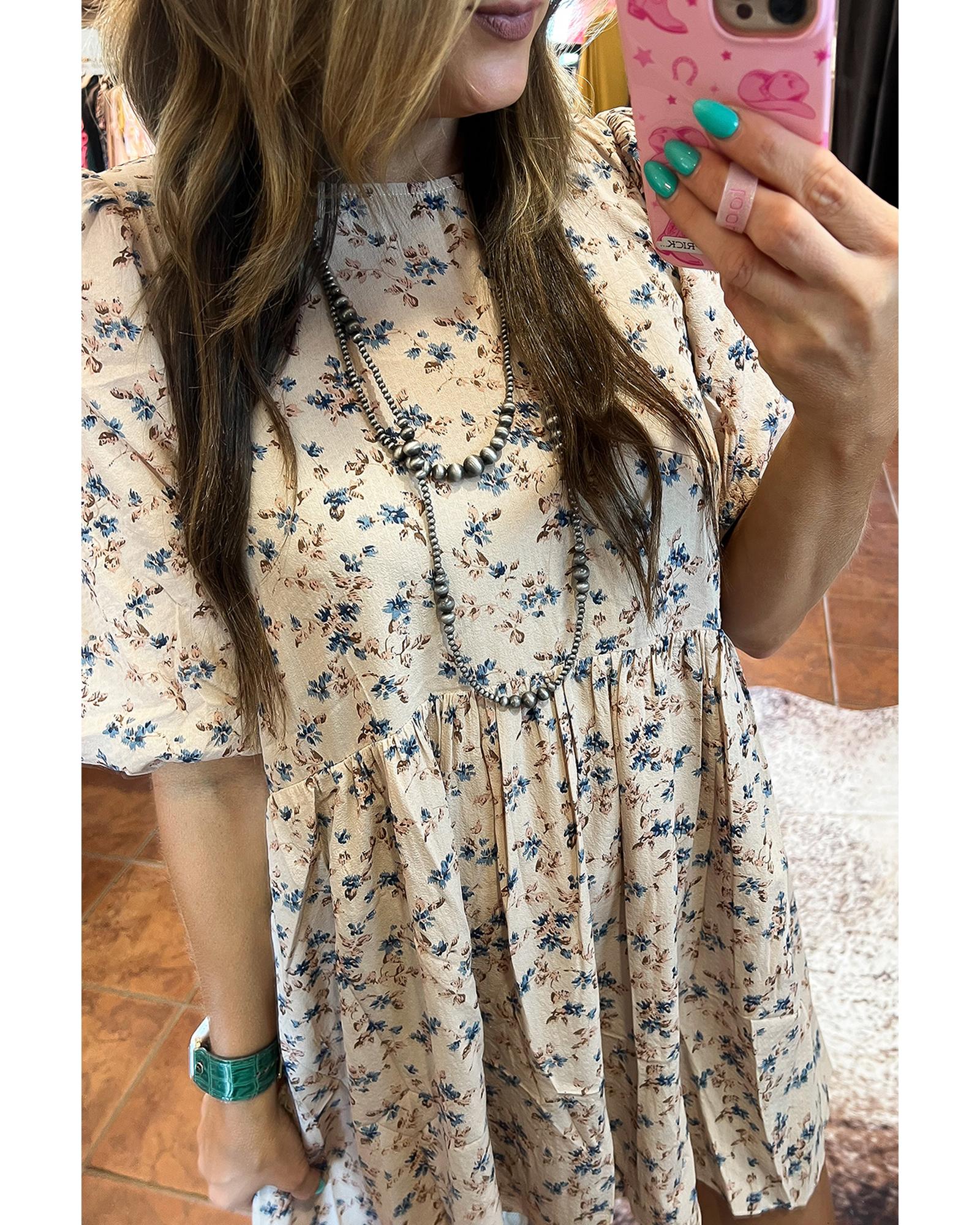 Beige Floral Puff Short Sleeve Empire Waist Mini Dress - L