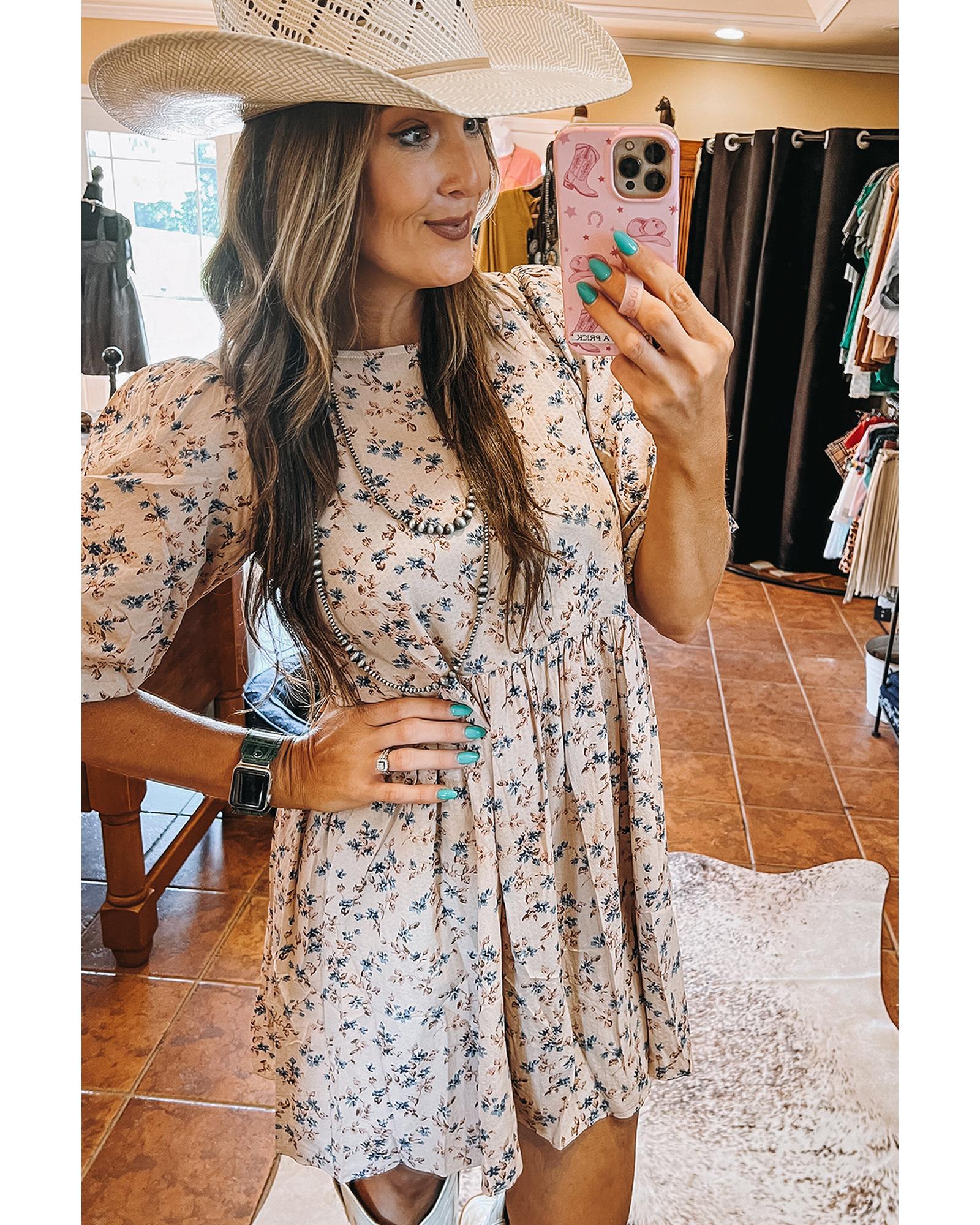 Beige Floral Puff Short Sleeve Empire Waist Mini Dress - L