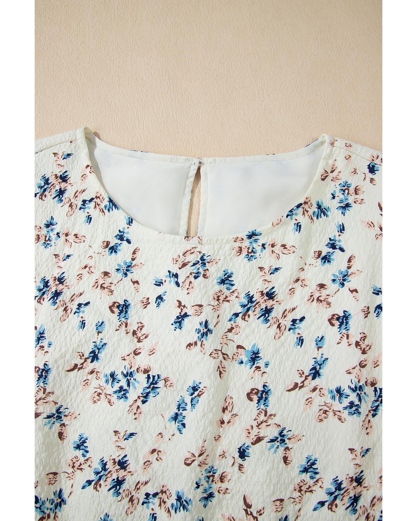 Beige Floral Puff Short Sleeve Empire Waist Mini Dress - L