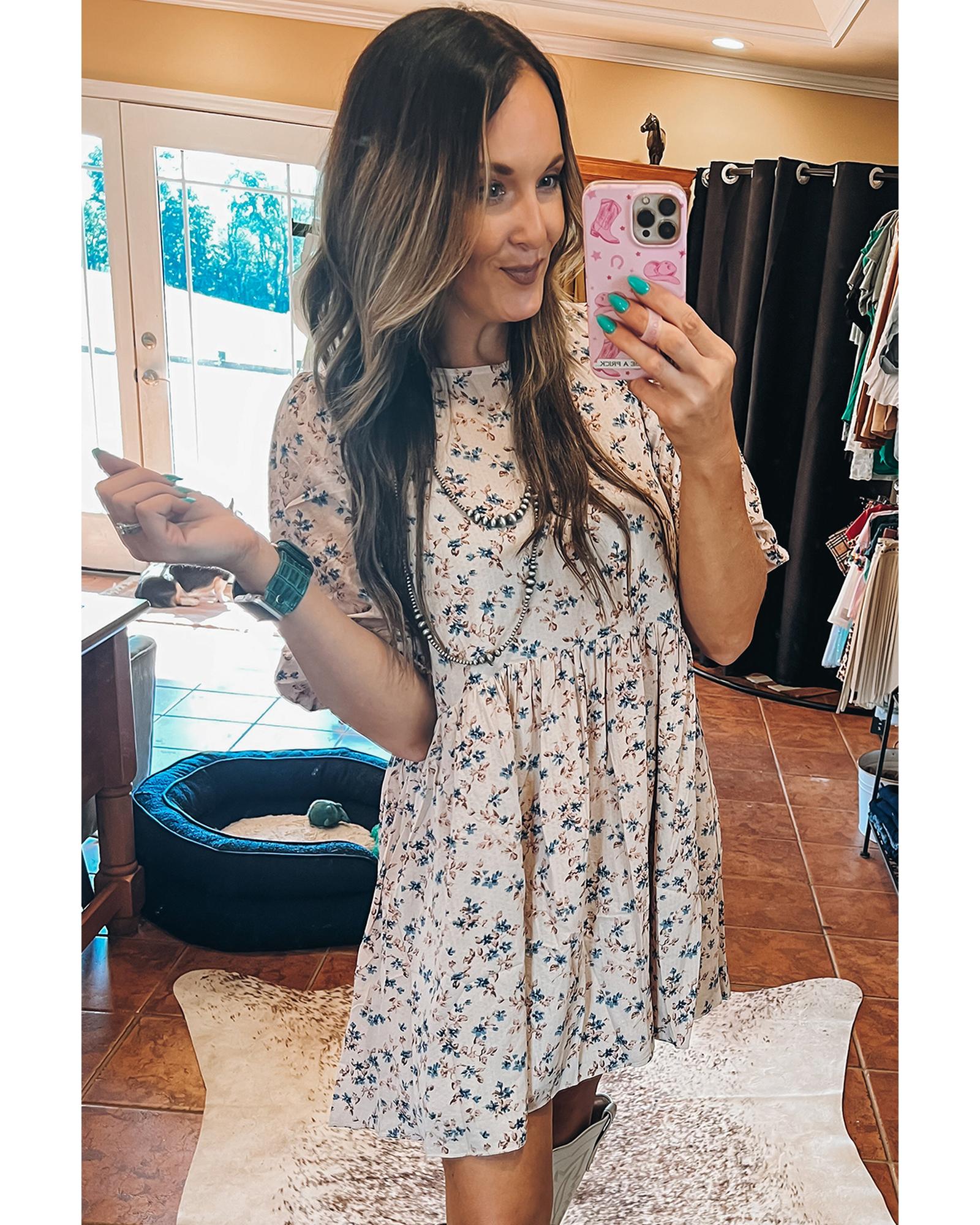 Beige Floral Puff Short Sleeve Empire Waist Mini Dress - XL