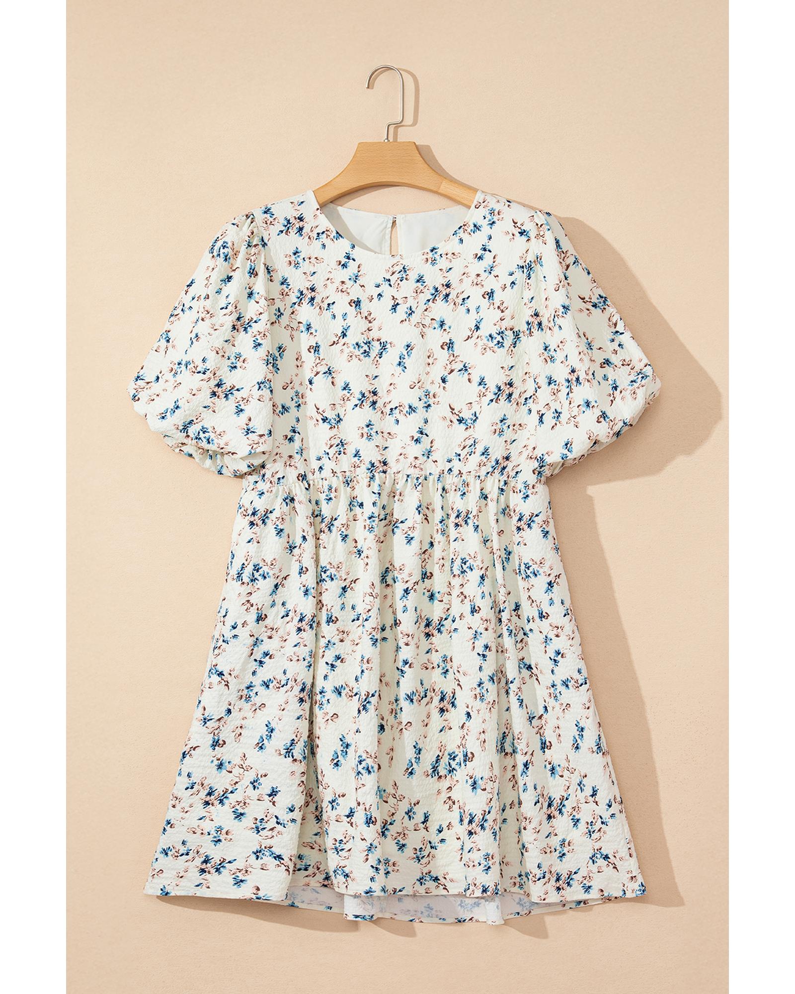 Beige Floral Puff Short Sleeve Empire Waist Mini Dress - XL