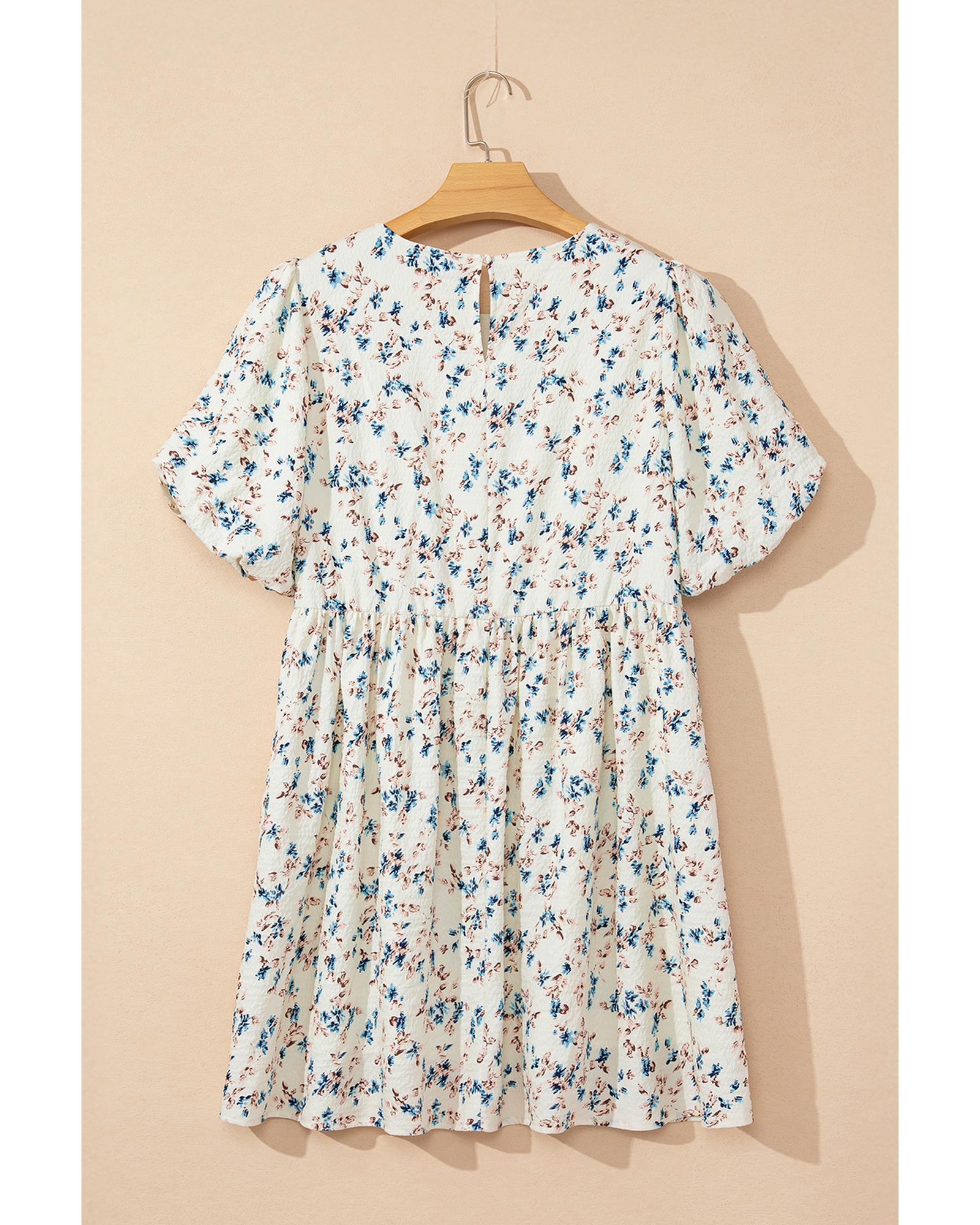 Beige Floral Puff Short Sleeve Empire Waist Mini Dress - XL