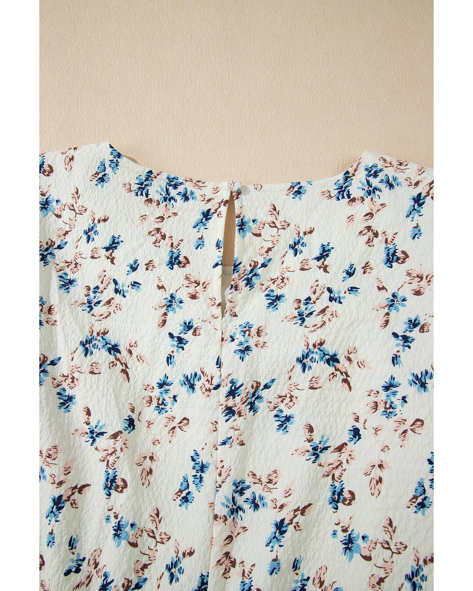 Beige Floral Puff Short Sleeve Empire Waist Mini Dress - XL