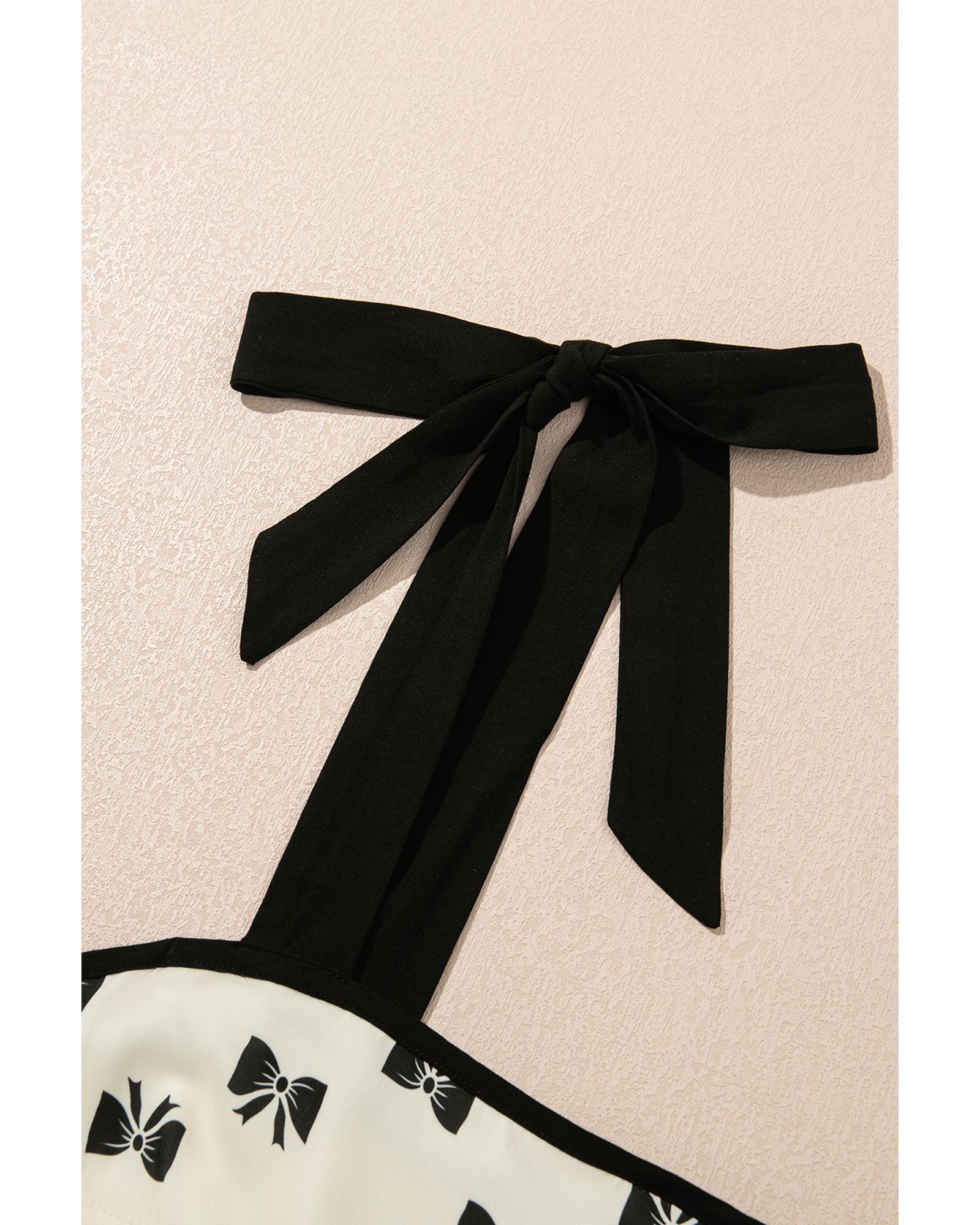 White Bow Knot Color Contrast Trim Knotted Shoulder Mini Dress - M