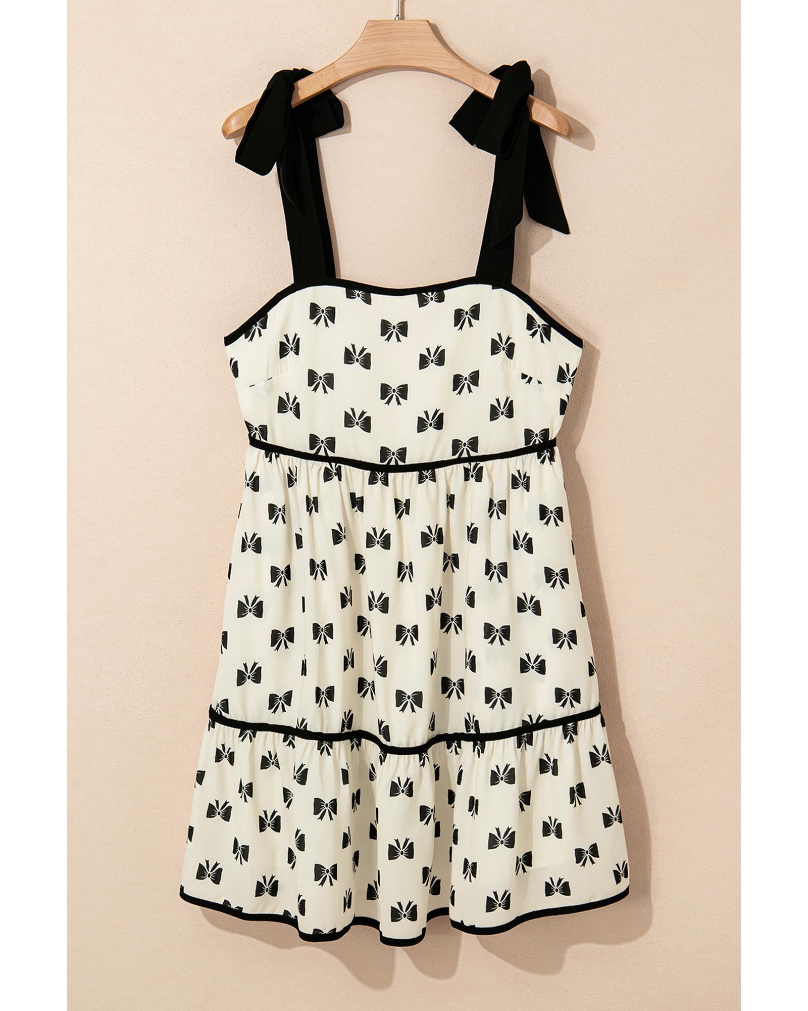 White Bow Knot Color Contrast Trim Knotted Shoulder Mini Dress - S