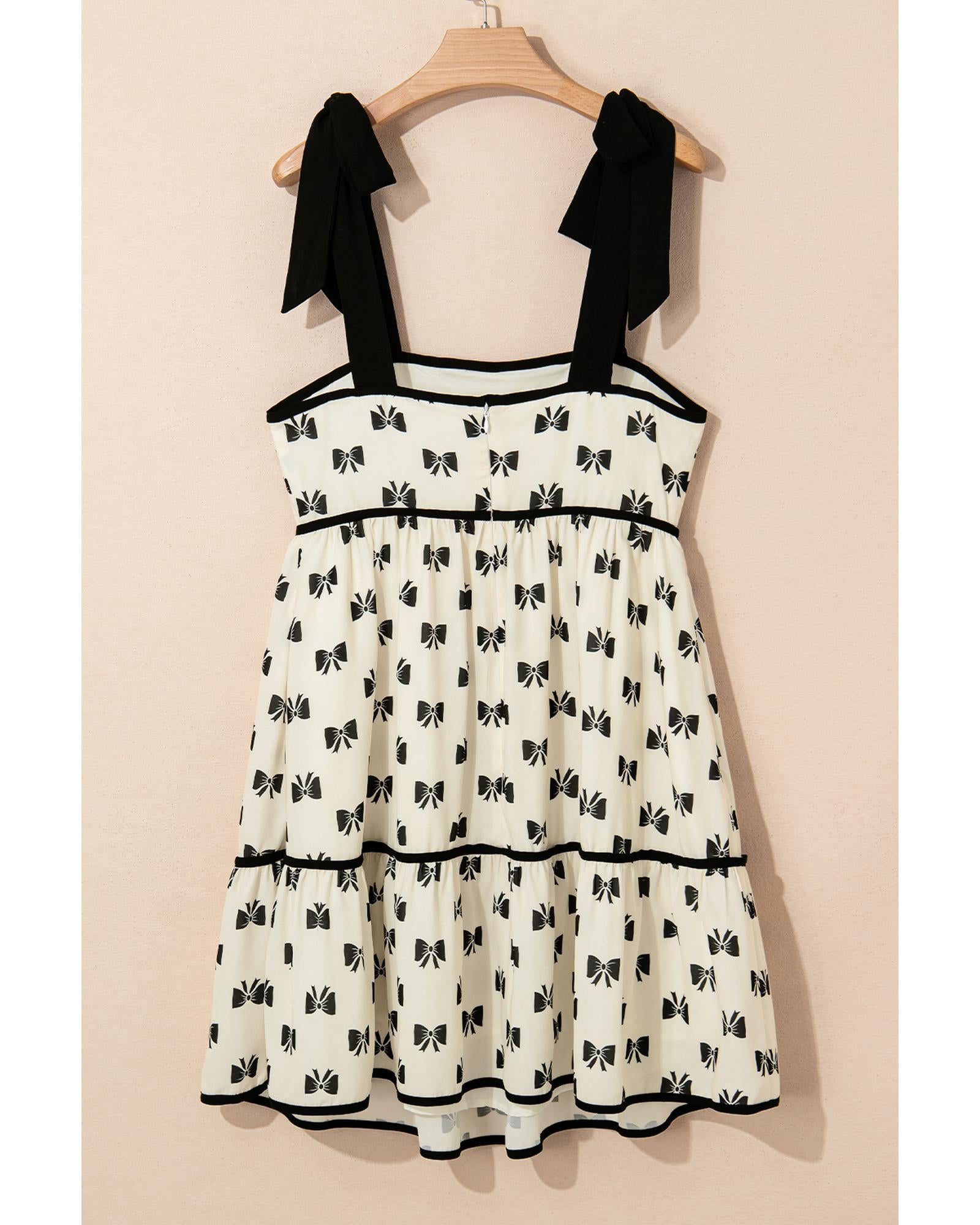 White Bow Knot Color Contrast Trim Knotted Shoulder Mini Dress - S