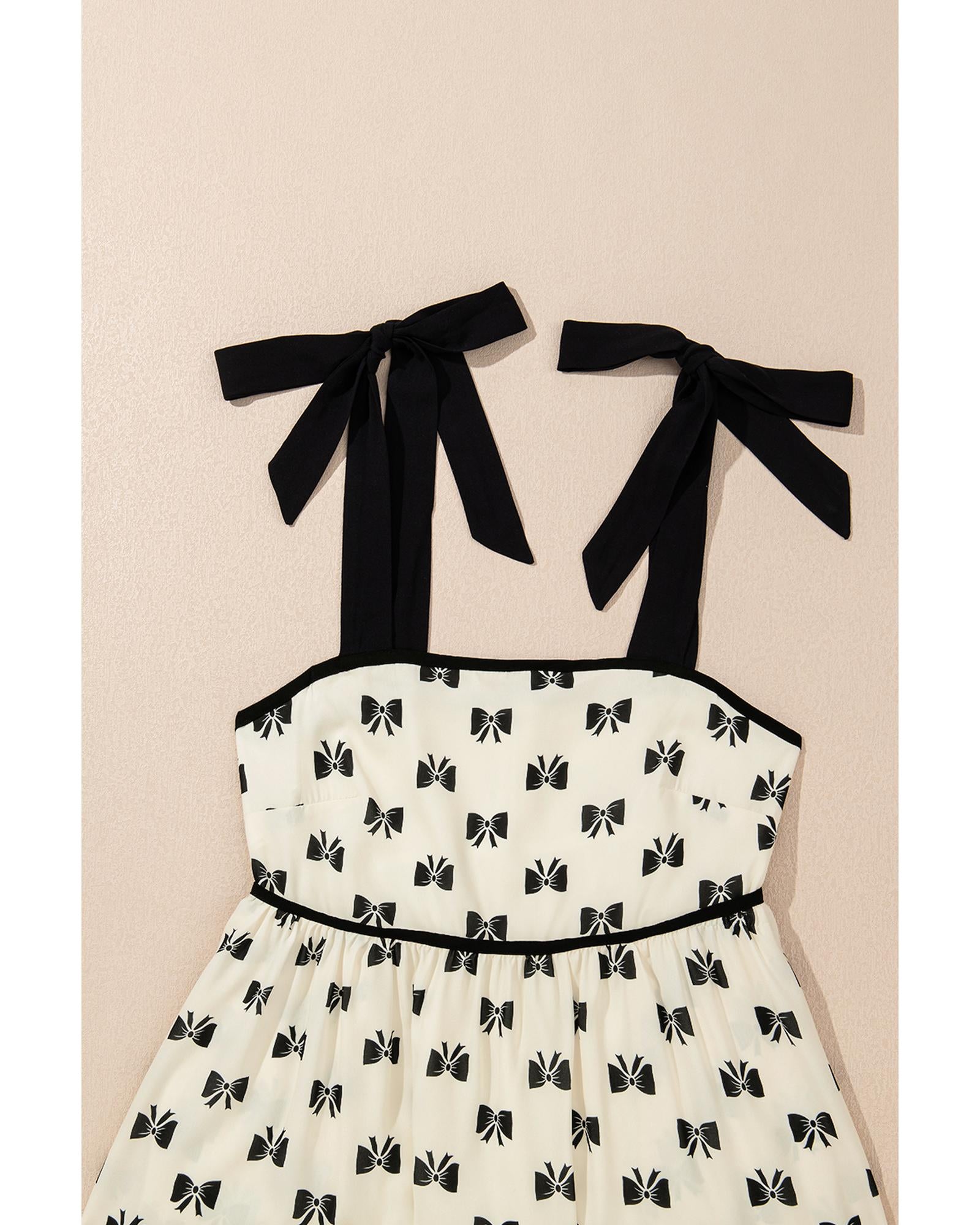 White Bow Knot Color Contrast Trim Knotted Shoulder Mini Dress - S
