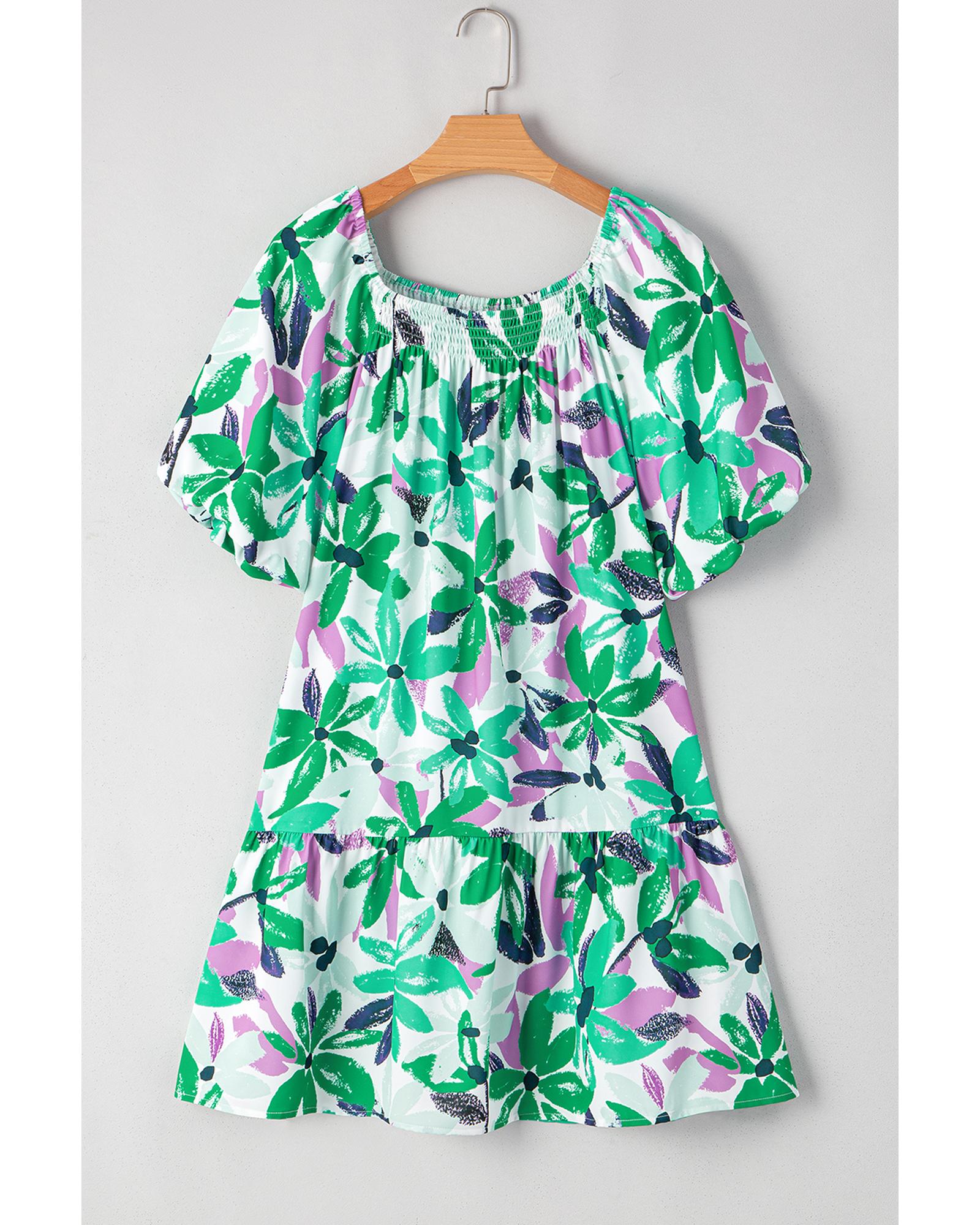Green Floral Print Shirred Square Neck Loose Fit Mini Dress - L