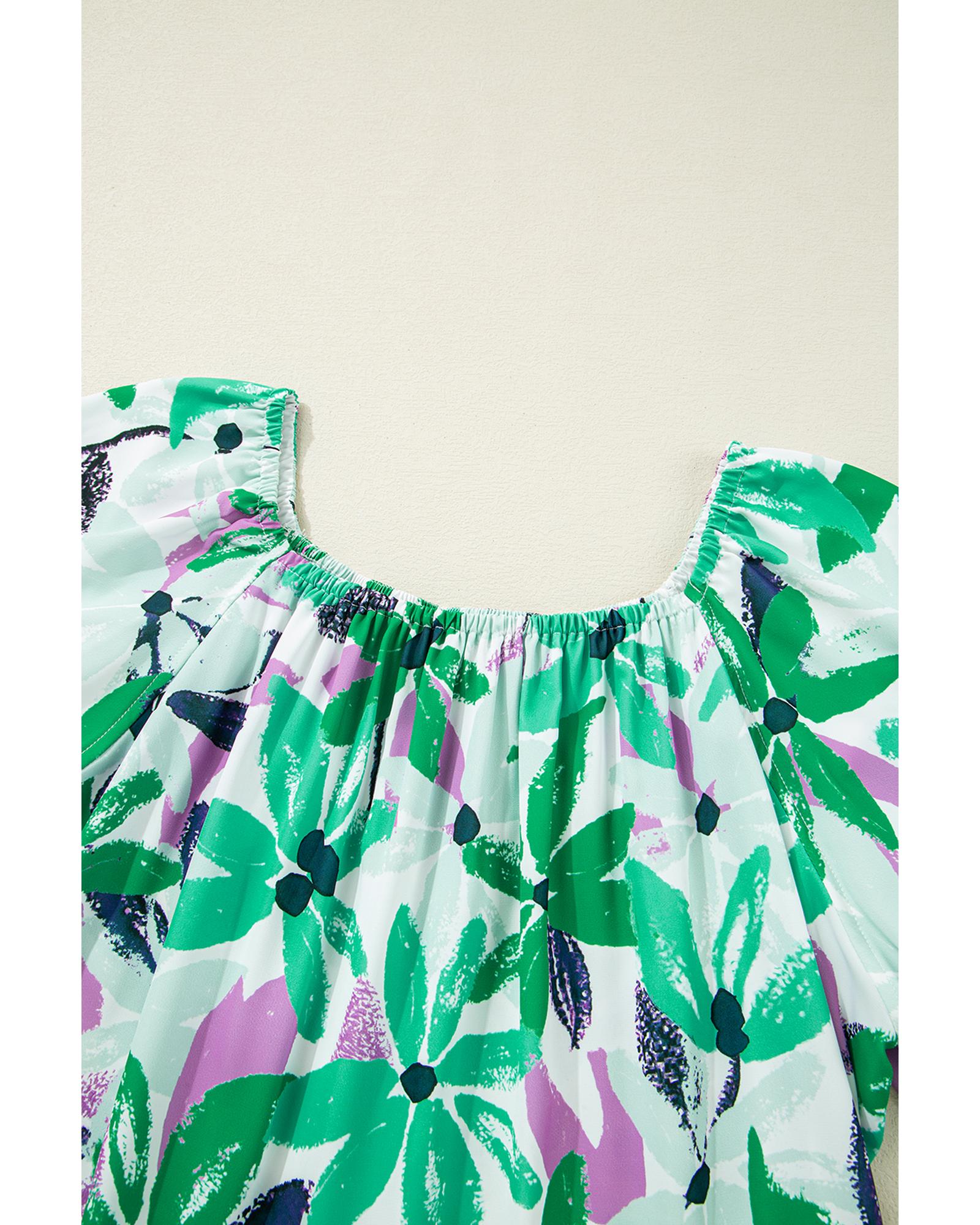 Green Floral Print Shirred Square Neck Loose Fit Mini Dress - M