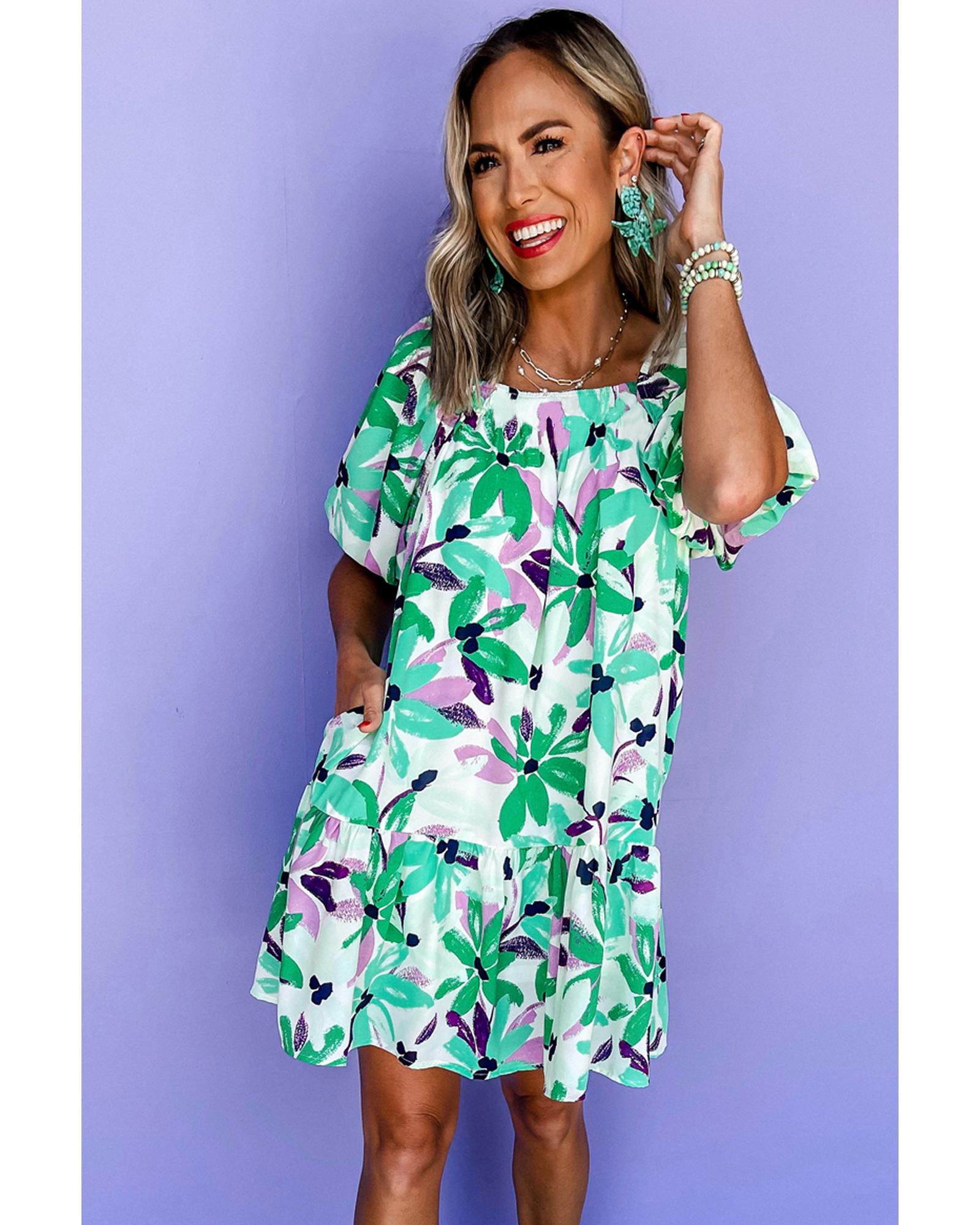 Green Floral Print Shirred Square Neck Loose Fit Mini Dress - XL