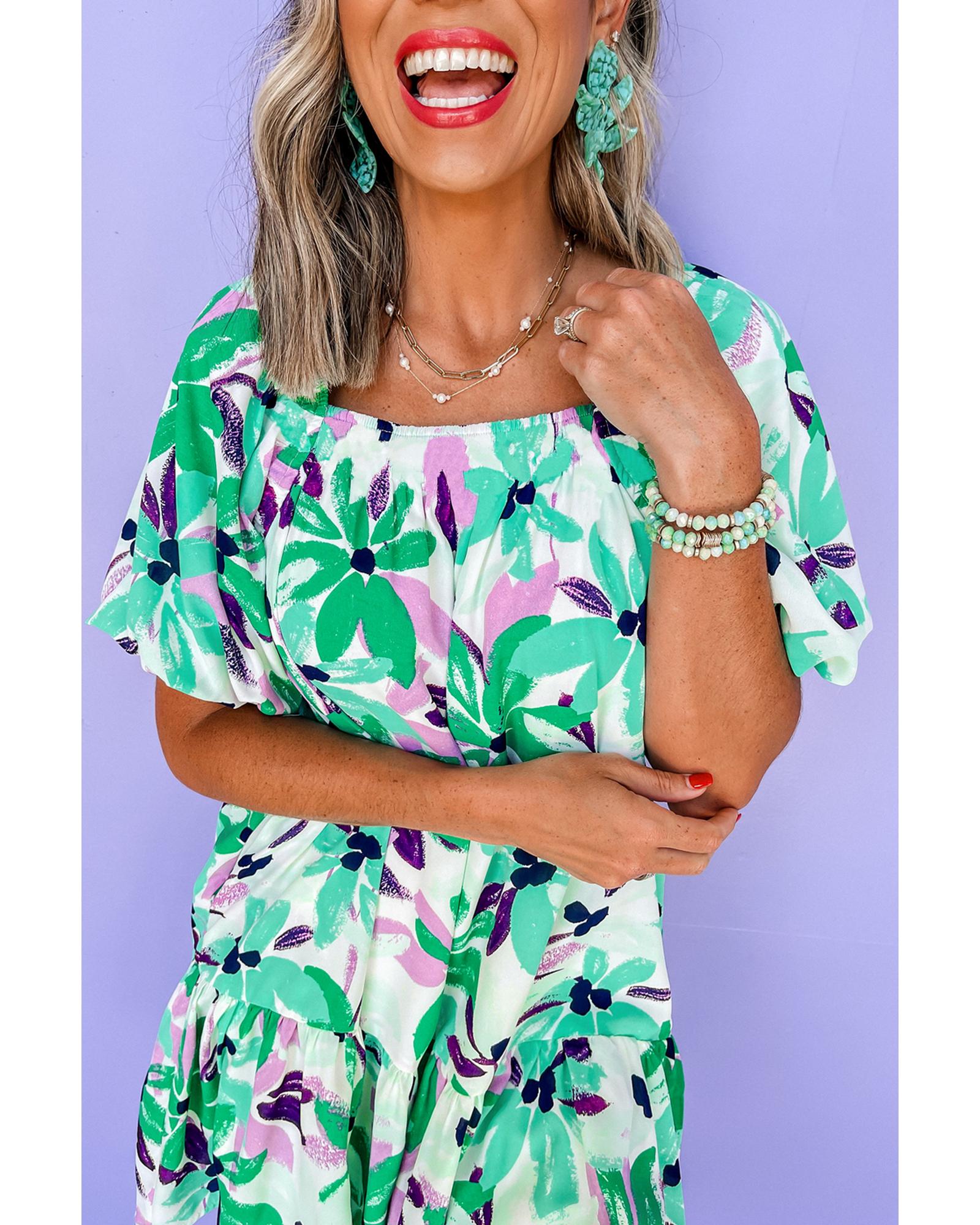 Green Floral Print Shirred Square Neck Loose Fit Mini Dress - XL