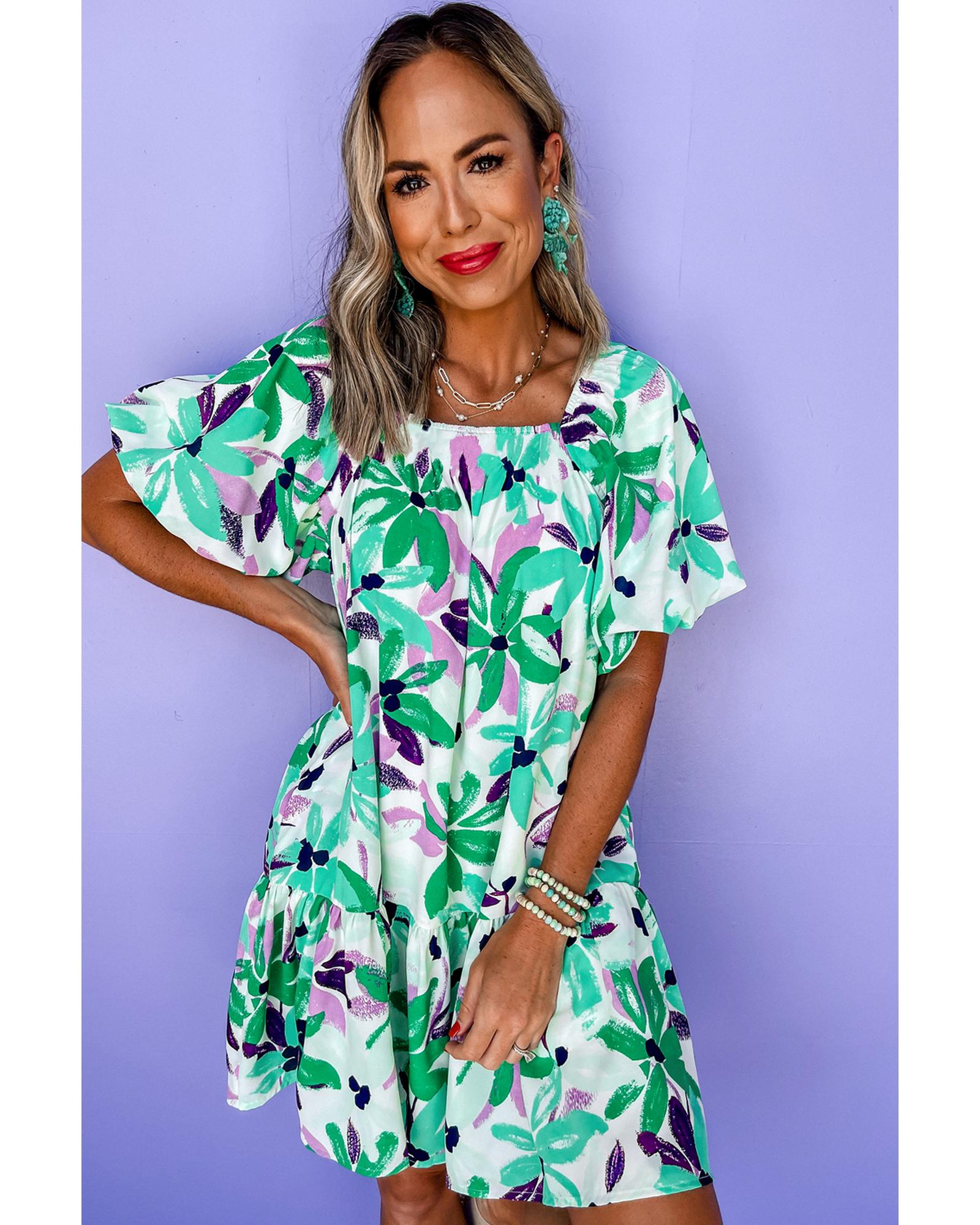 Green Floral Print Shirred Square Neck Loose Fit Mini Dress - XL