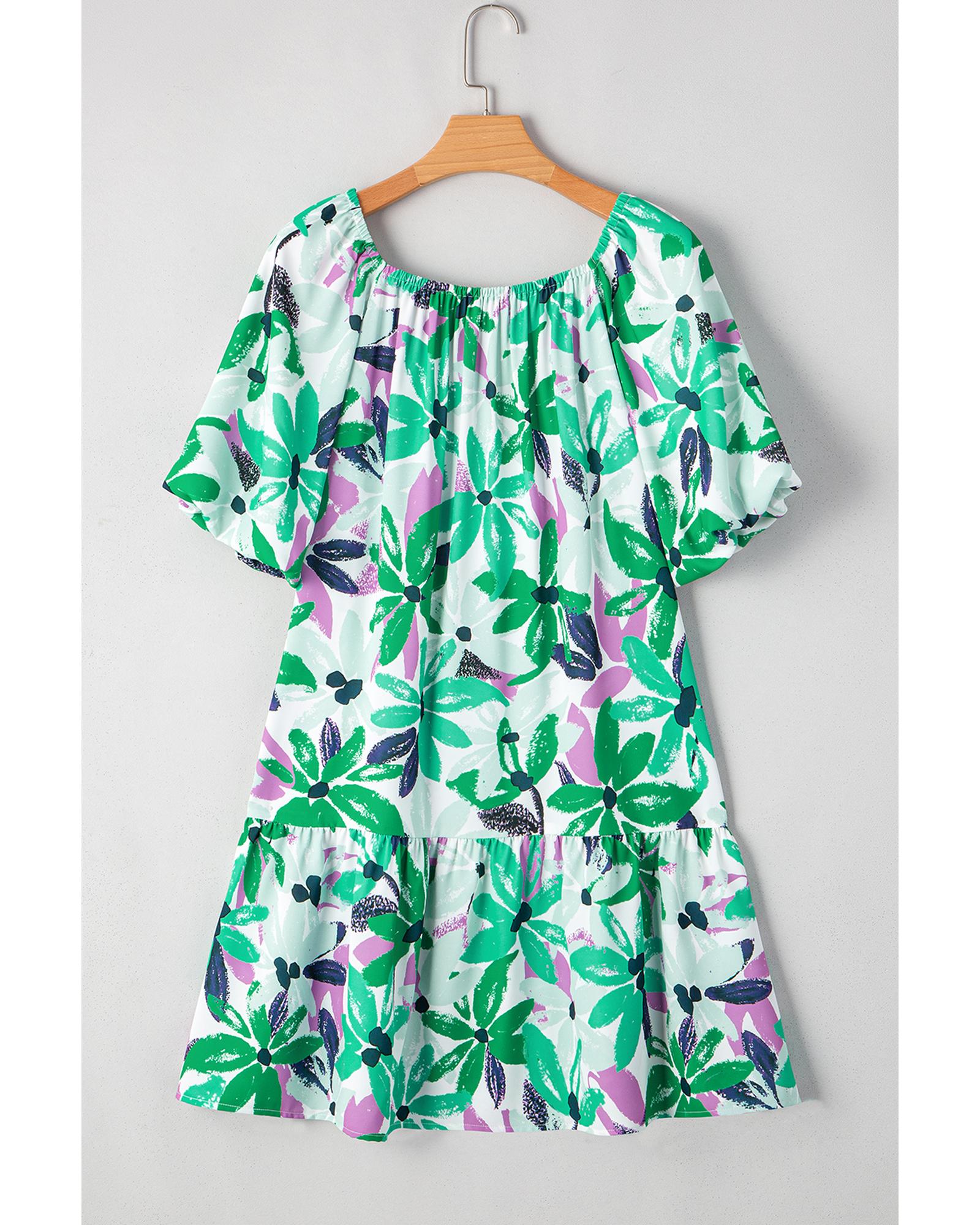 Green Floral Print Shirred Square Neck Loose Fit Mini Dress - XL