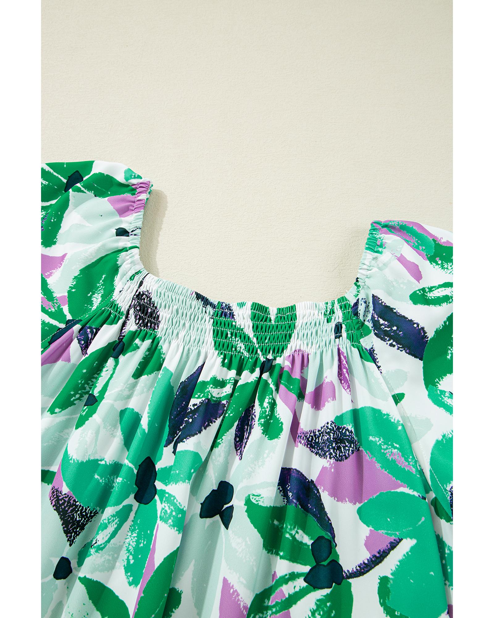 Green Floral Print Shirred Square Neck Loose Fit Mini Dress - XL