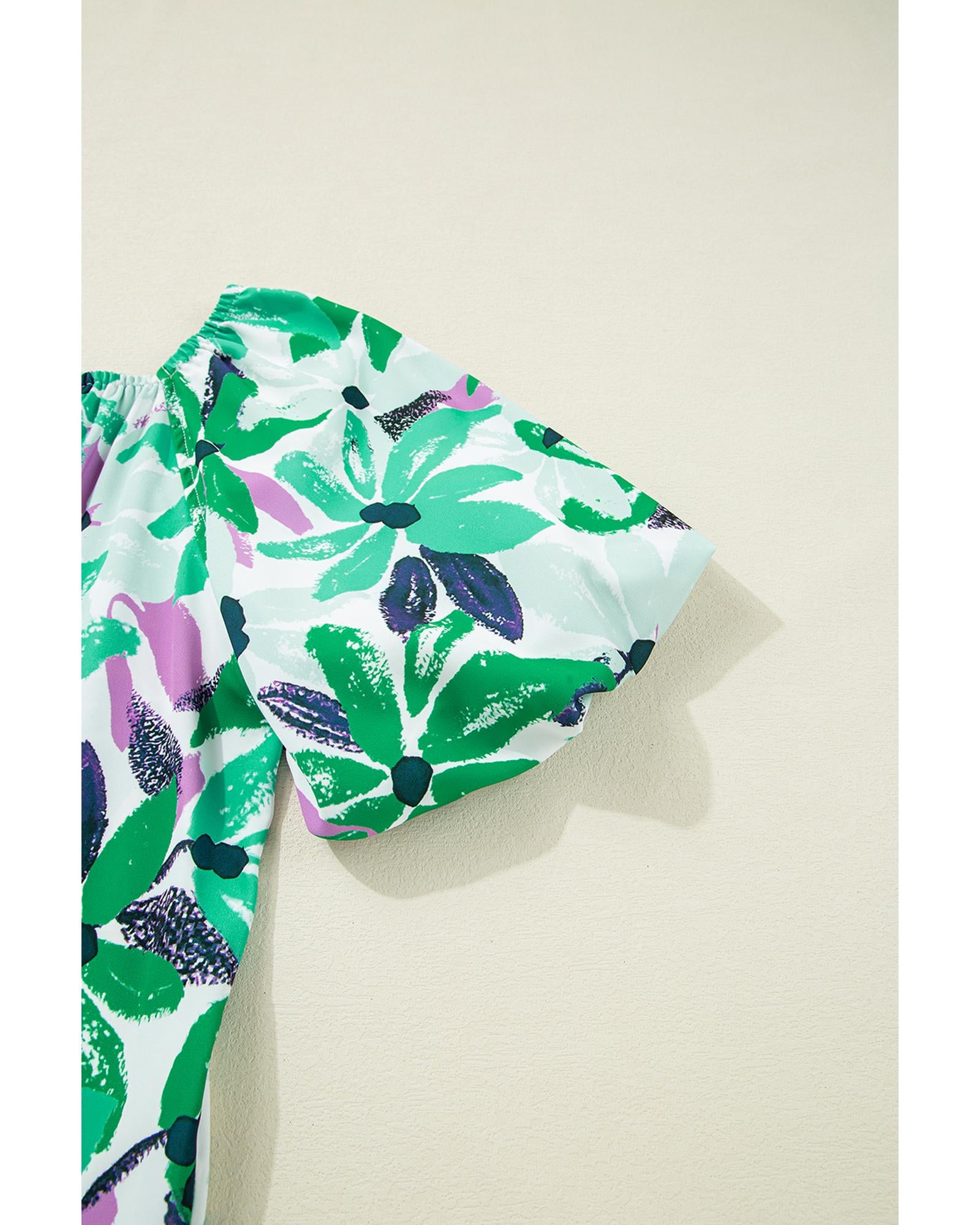 Green Floral Print Shirred Square Neck Loose Fit Mini Dress - XL
