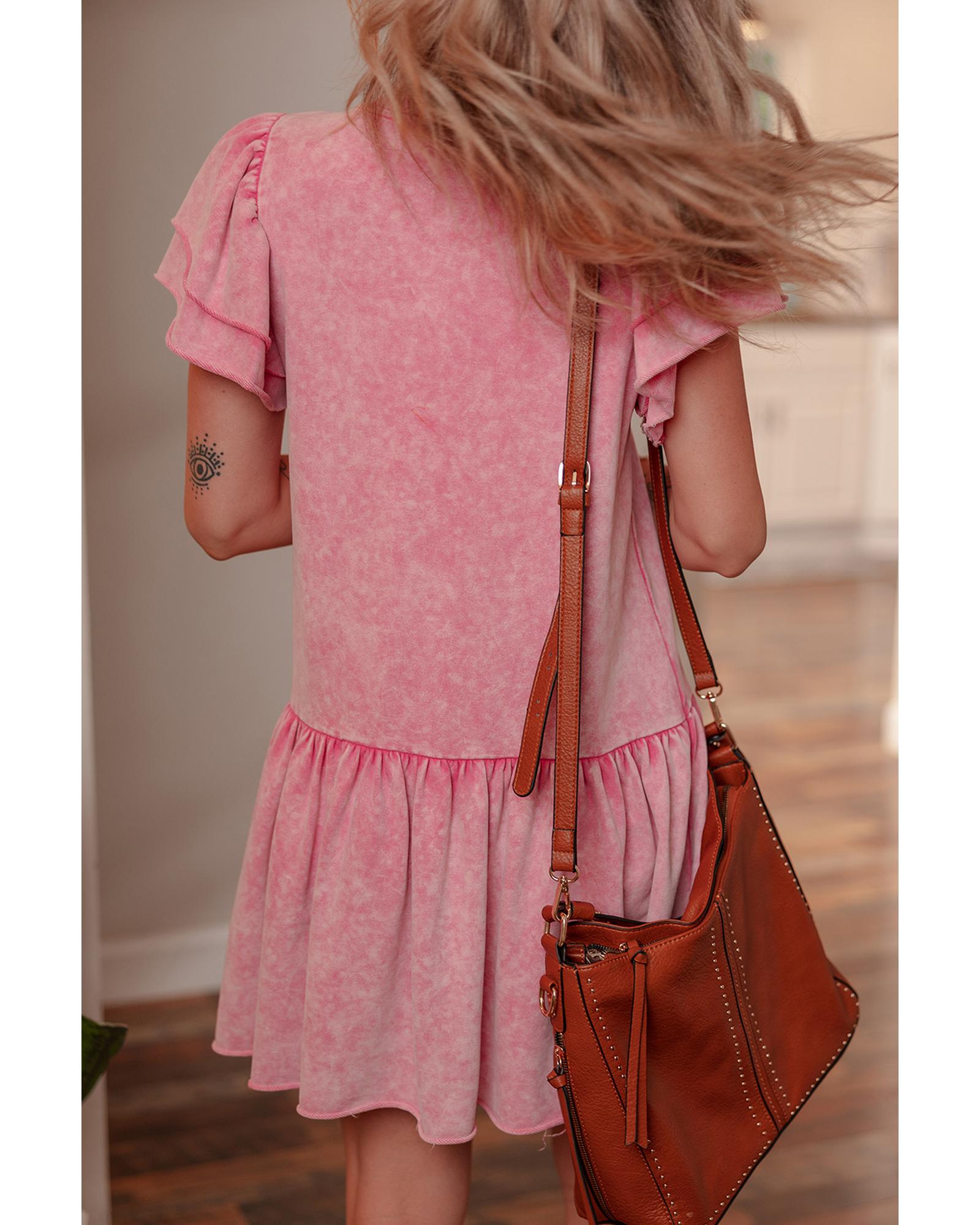Sachet Pink Mineral Wash Raw Edge Ruffle Mini Dress - L