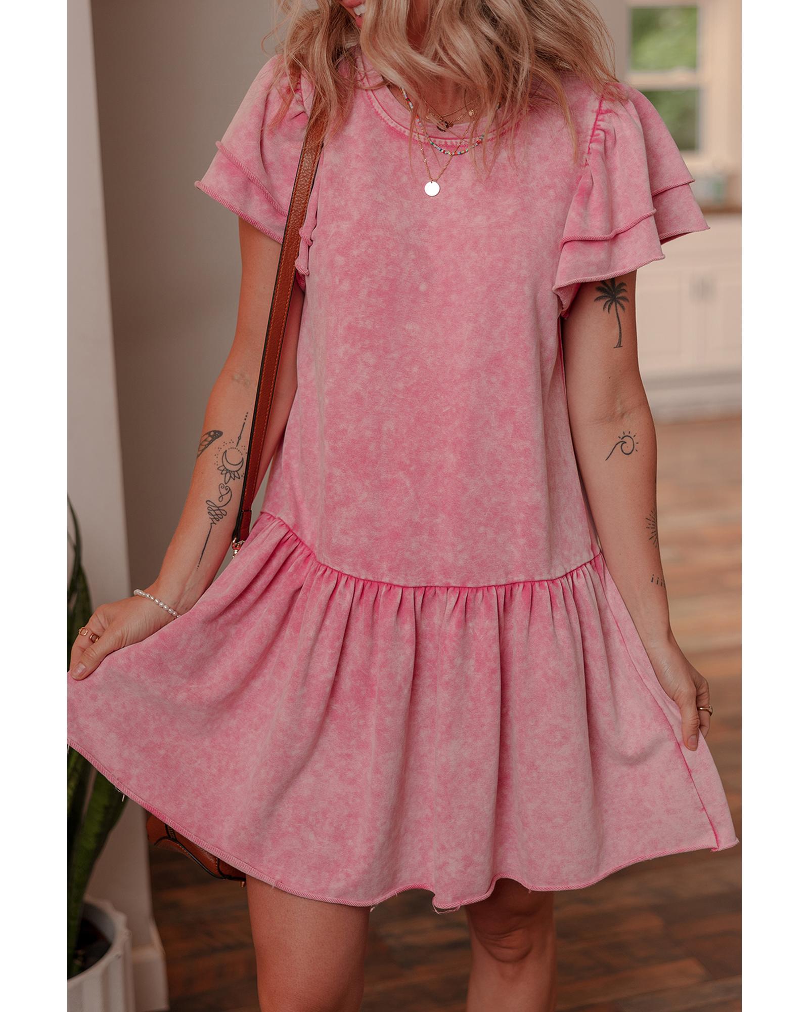 Sachet Pink Mineral Wash Raw Edge Ruffle Mini Dress - L