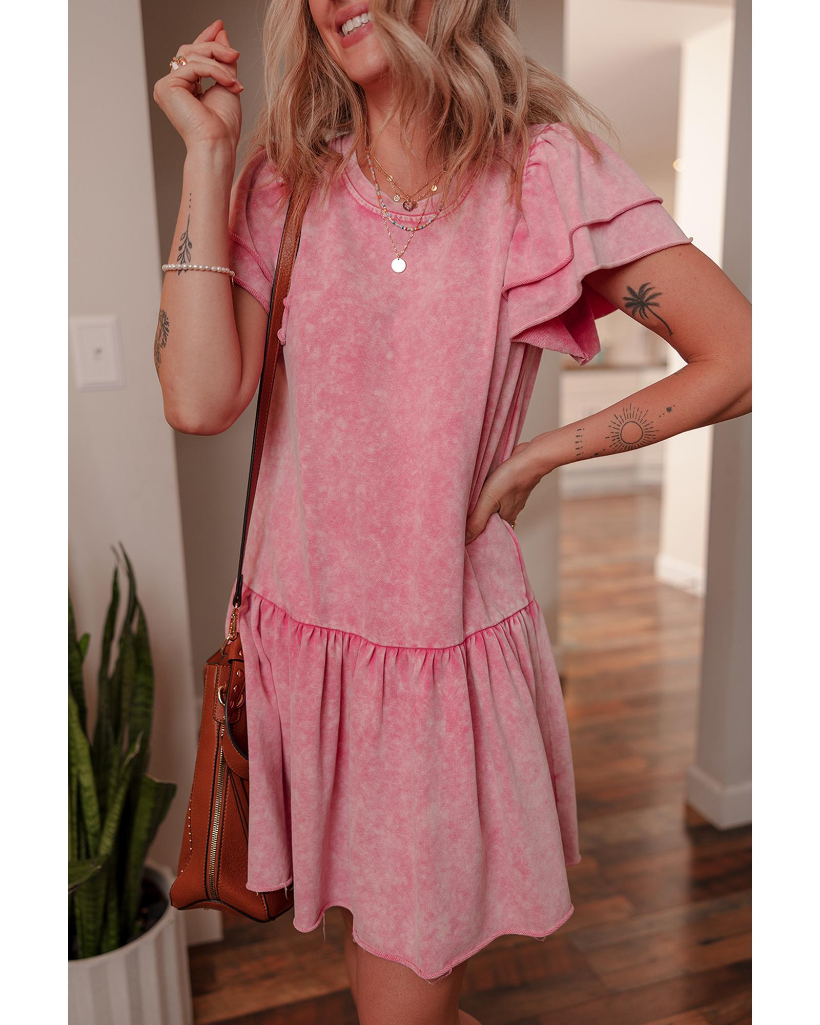 Sachet Pink Mineral Wash Raw Edge Ruffle Mini Dress - L
