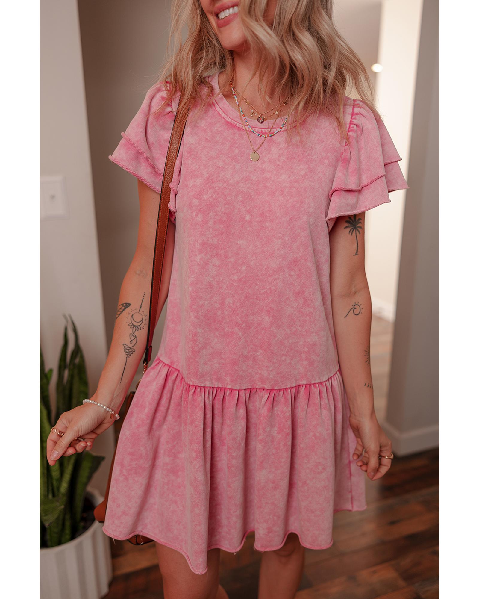Sachet Pink Mineral Wash Raw Edge Ruffle Mini Dress - M